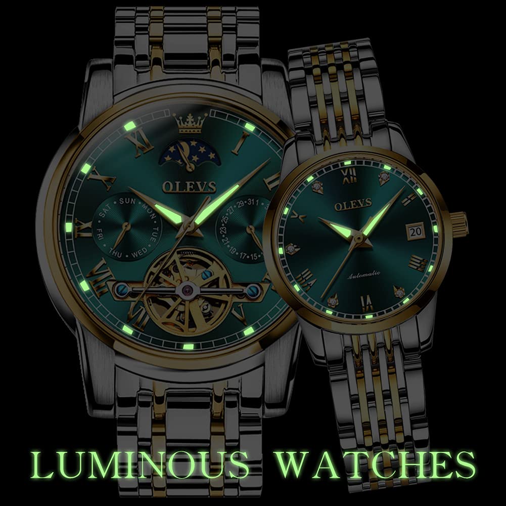 OLEVS Automatic Couple Watches for Men & Women - His and Hers Matching Set, Self-Winding Mechanical Tourbillon Dress Watch with Day Date Calendar, Big Face Two-Tone Wristwatch | Perfect Anniversary Gift, Wedding Present & Romantic Couples Accessory
