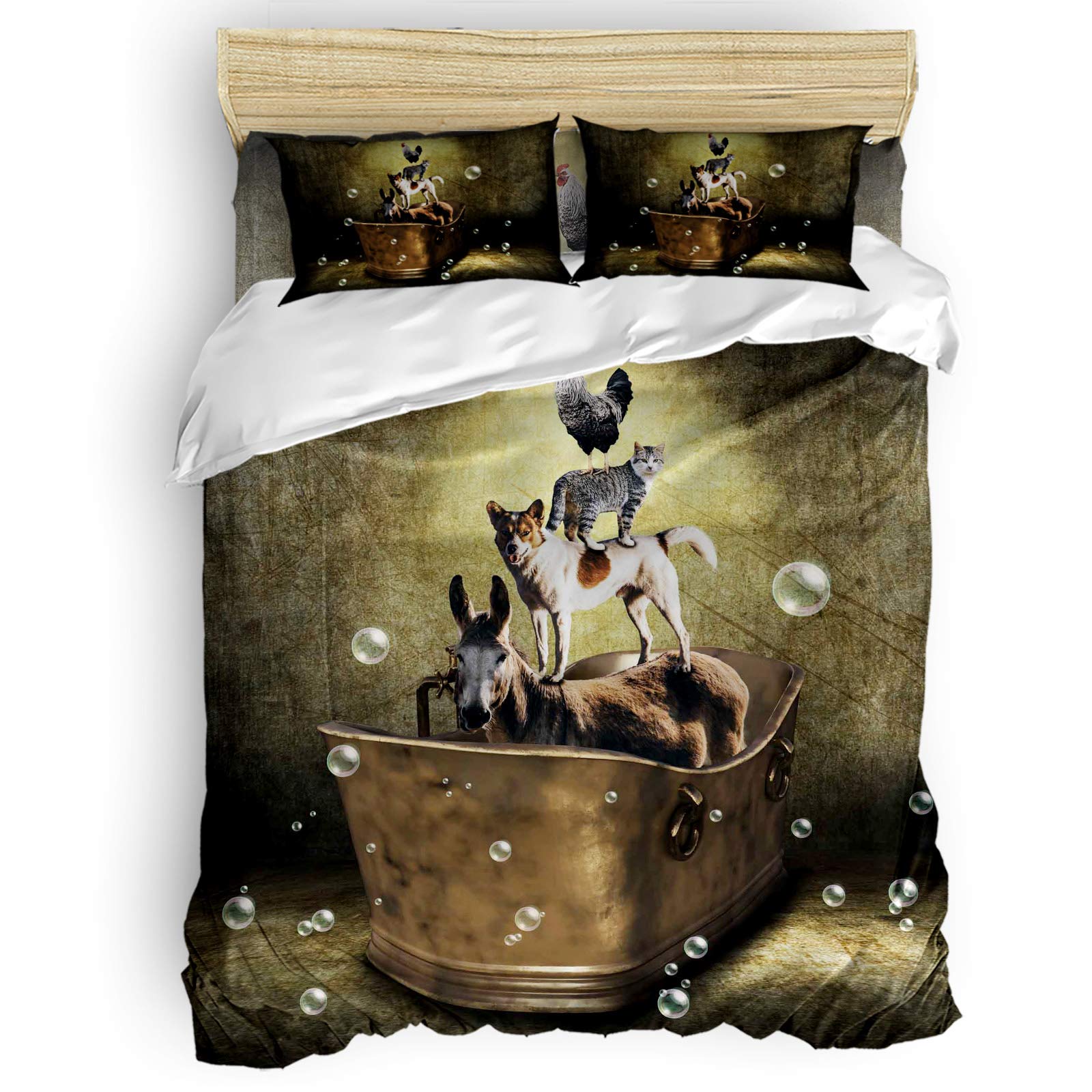 Premium Luxury Bedding Set - King Size 4PCS Ultra Soft Washed Microfiber Duvet Cover with Zipper Closure | Farm Animal Retro Bathtub Design | Perfect for Home, Dorm, Hotel & Airbnb | Breathable, Wrinkle-Resistant & Easy Care Bedding for All Seasons