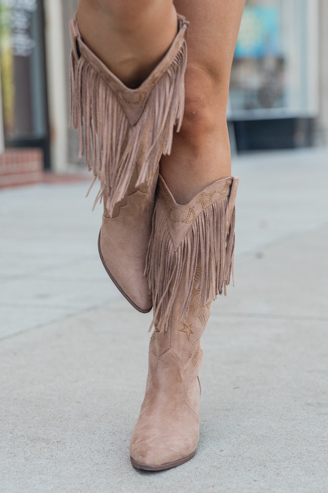 Stylish Suede Fringe & Star Embellished Boots in Warm Taupe - Women's Western Ankle Boots for Fall & Winter Fashion | Perfect for Parties, Concerts and Casual Outings