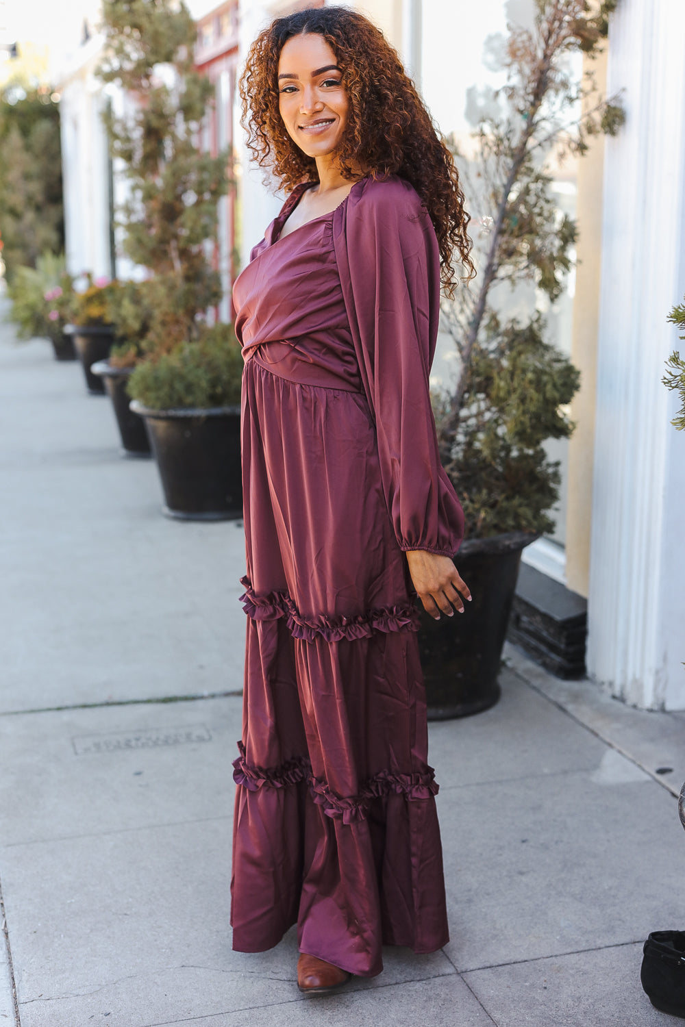 Holiday Vibes Wine Satin Front Overlap Smocked Back Maxi Dress for Women - Elegant Party Gown for Christmas, New Year & Special Occasions