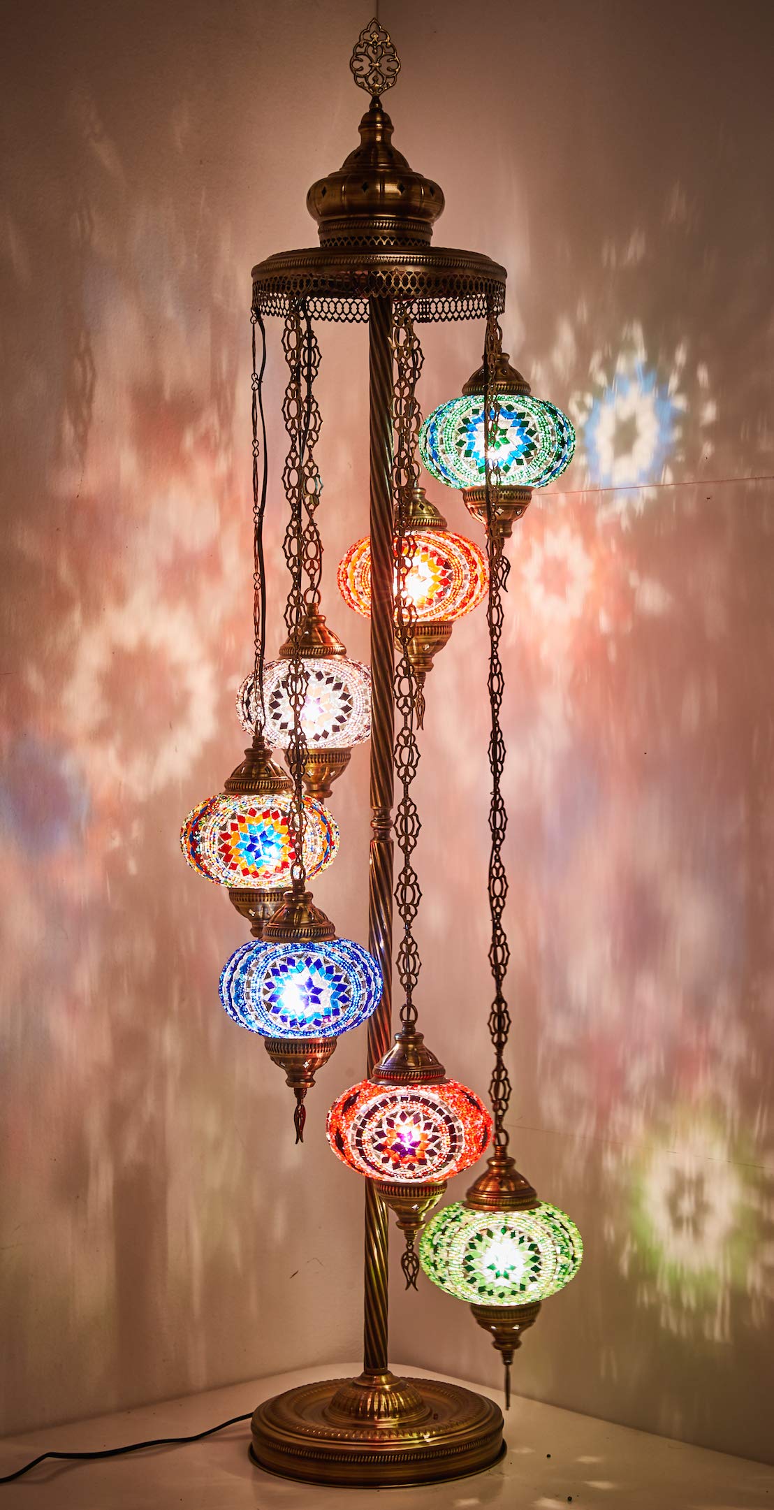 DEMMEX - 7 Large Globes Turkish Moroccan Mosaic Floor Lamp, 5-Foot Tall Tiffany-Style Bohemian Standing Lamp with 7-Inch Handcrafted Glass Globes - Boho Chic Lighting for Living Room, Bedroom, Office & Meditation Spaces
