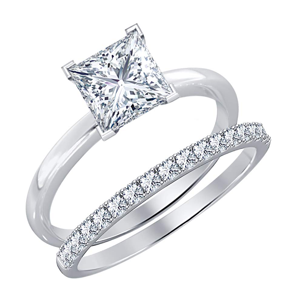 3.5 cttw Princess Cut Solitaire Diamond Engagement Ring & Wedding Band Set for Women - 14k White Gold over .925 Sterling Silver - Perfect for Proposals, Anniversaries & Bridal Jewelry