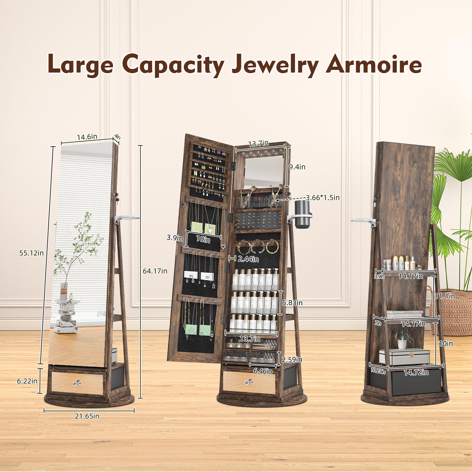 360° Swivel Jewelry Cabinet with Mirror - 6 LED Lights, Rotatable Full Length Mirror & Jewelry Storage Shelf | Standing Jewelry Armoire Organizer for Bedroom, Closet & Dressing Room Decor