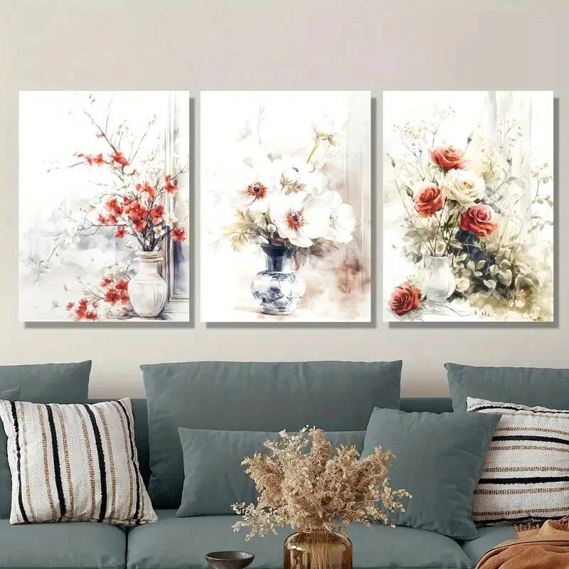 3-Piece Metal Print Wall Art - Floral and Plant Illustrations in Vase, Ready to Hang Home Decor for Living Room, Bedroom & Office