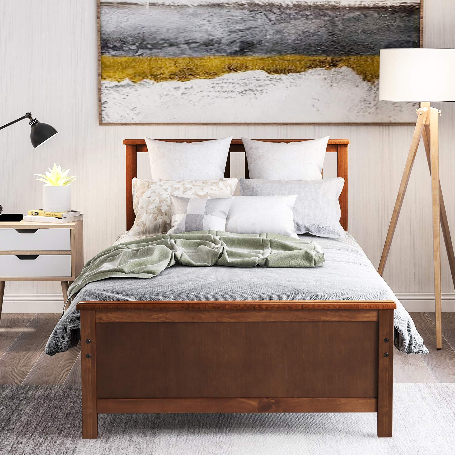 Twin Size Wood Platform Bed Frame with Headboard and Footboard - Sturdy Wood Slat Support, No Box Spring Needed - Solid Walnut Finish - Perfect for Small Bedrooms, Guest Rooms & Dormitories