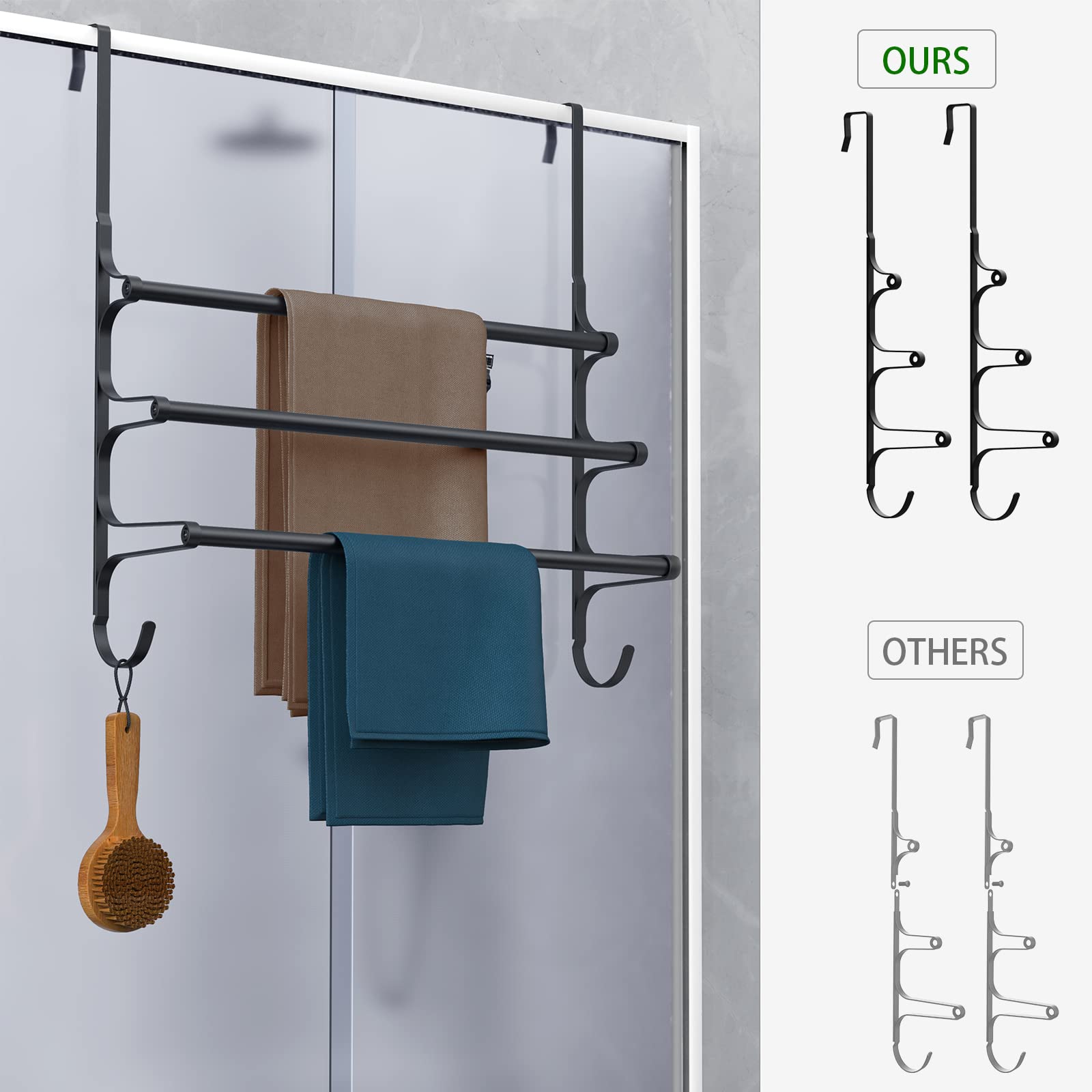 Over The Door Towel Rack - Triple Towel Storage Holder with Hooks for Bathroom, Kitchen, or Bedroom - Space Saving Matte Black Design (20.27