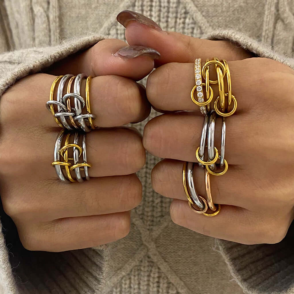 Two Tone Interlocking Layered Connected Plain Ring - Stackable Minimalist Jewelry for Women | JDR007 | Perfect for Everyday Wear, Gift Giving & Special Occasions