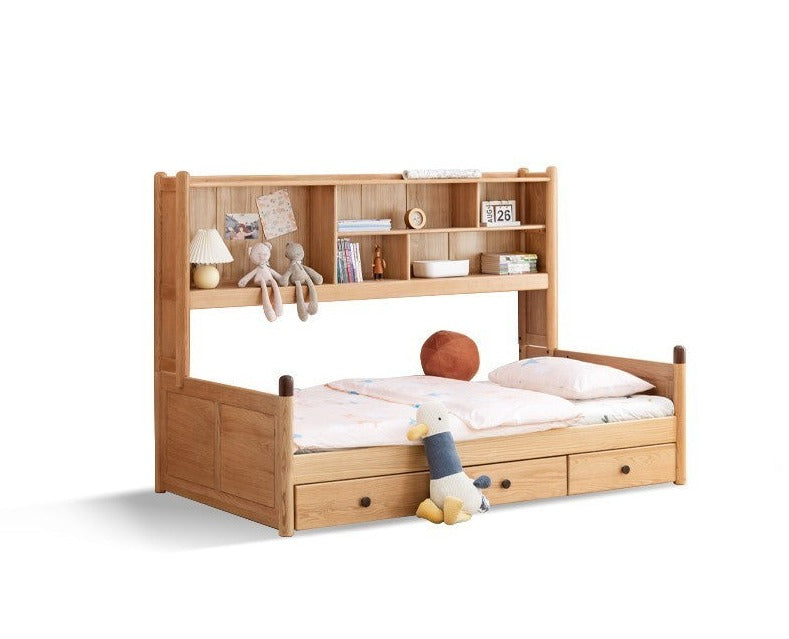 Solid Oak Wood Multi-Function Storage Bed - Queen Size Platform Bed with Underbed Drawers for Small Space Bedroom, Guest Room & Studio Apartments