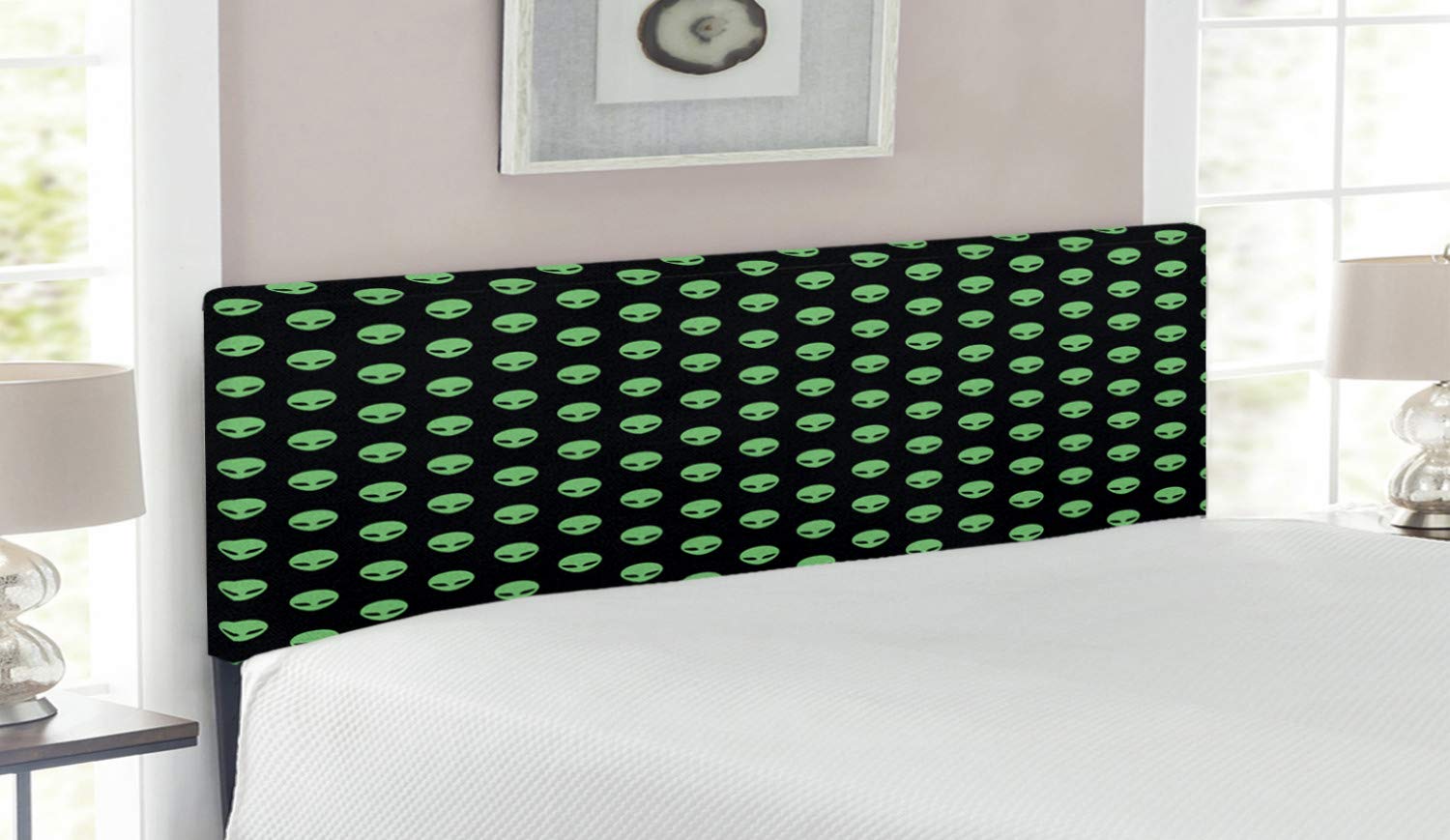 Ambesonne Alien Headboard - Supernatural Martian Beings Design, Upholstered Metal Bed Frame with Memory Foam - Queen Size in Fern Green & Black | Perfect for Sci-Fi Themed Bedrooms, Space Decor & Unique Home Interiors