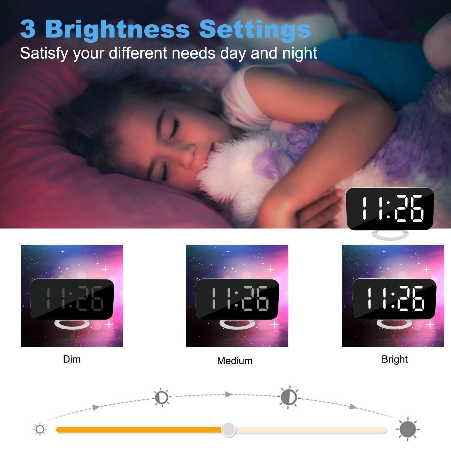 Digital Alarm Clock with Mirror Surface LED Display, USB Charger, Snooze Function & Adjustable Brightness - Perfect for Bedroom, Office Desk or Nightstand (Black-Blue/White) - Ideal for Home, Travel & Gift Giving