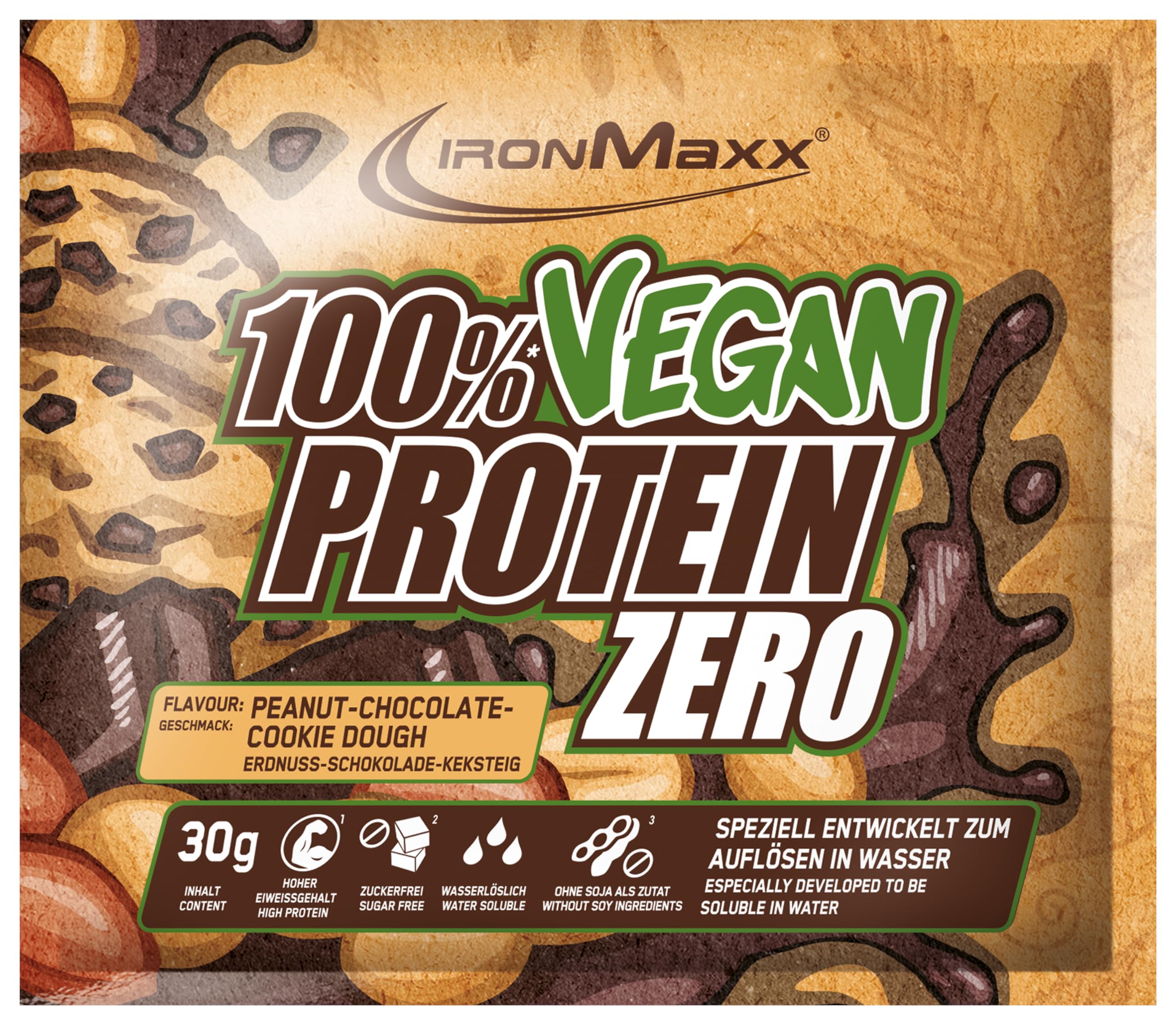 IronMaxx 100% Vegan Protein Powder - Peanut Chocolate Cookie Dough Flavor, 30g | Sugar-Free, High Protein (4-Ingredient Formula) | Aspartame-Free Plant-Based Protein Supplement for Smoothies, Baking & Post-Workout Recovery