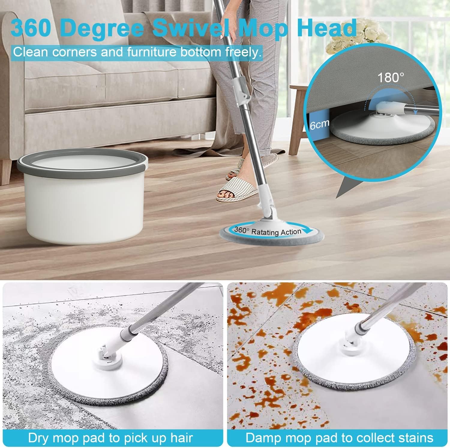 PROSFIA Self-Wringing Microfiber Spin Mop and Bucket Set with Wringer - Round Flat Floor Mop System with Dual Water Separation for Effective Floor Cleaning - Perfect for Hardwood, Tile, and Laminate Floors in Homes & Offices