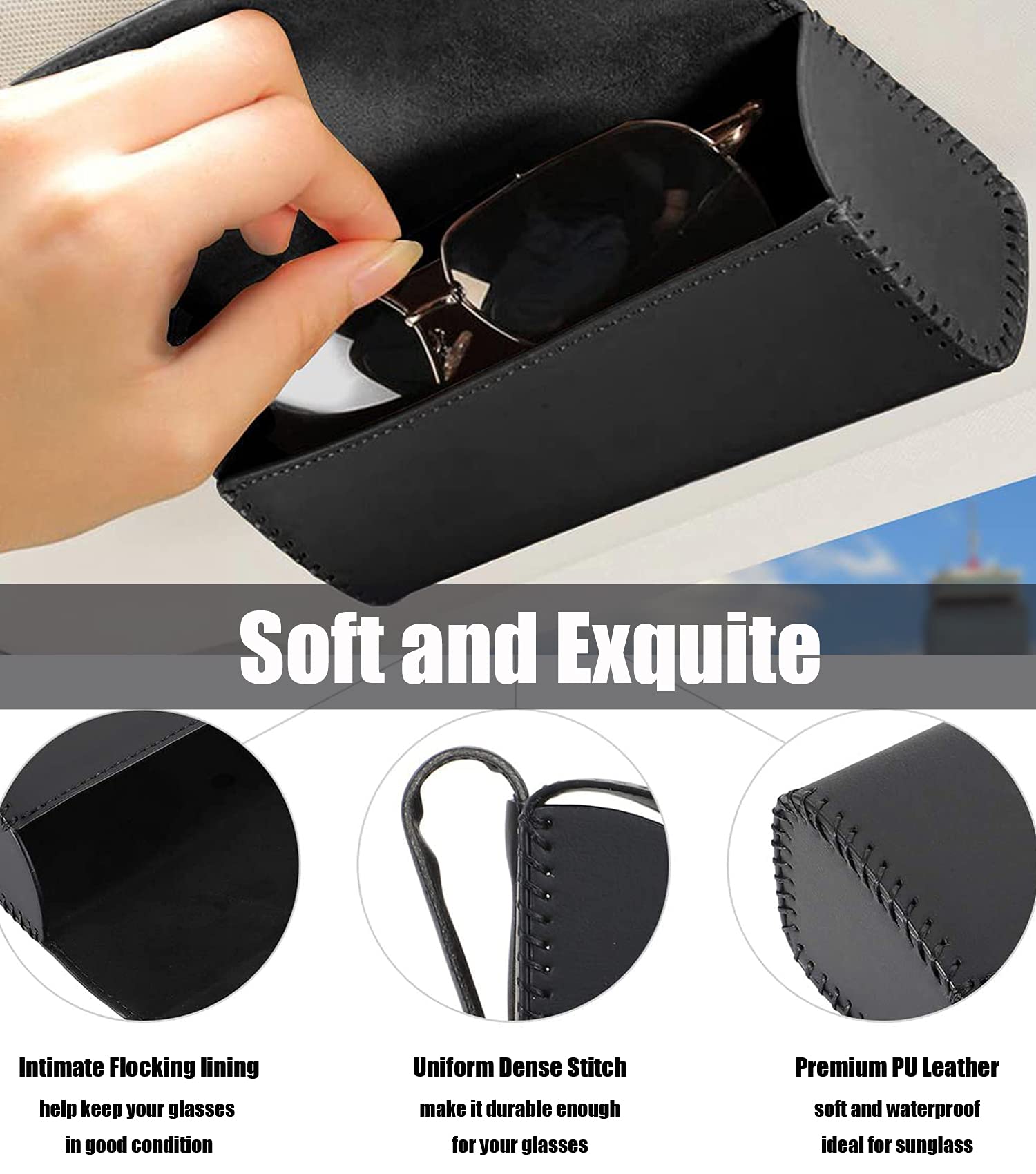 Car Sunglasses Holder for Sun Visor - PU Leather Eyeglasses Storage Case Organizer - Universal Fit for All Vehicles - Perfect for Men & Women - Black - Keep Your Glasses Safe While Driving