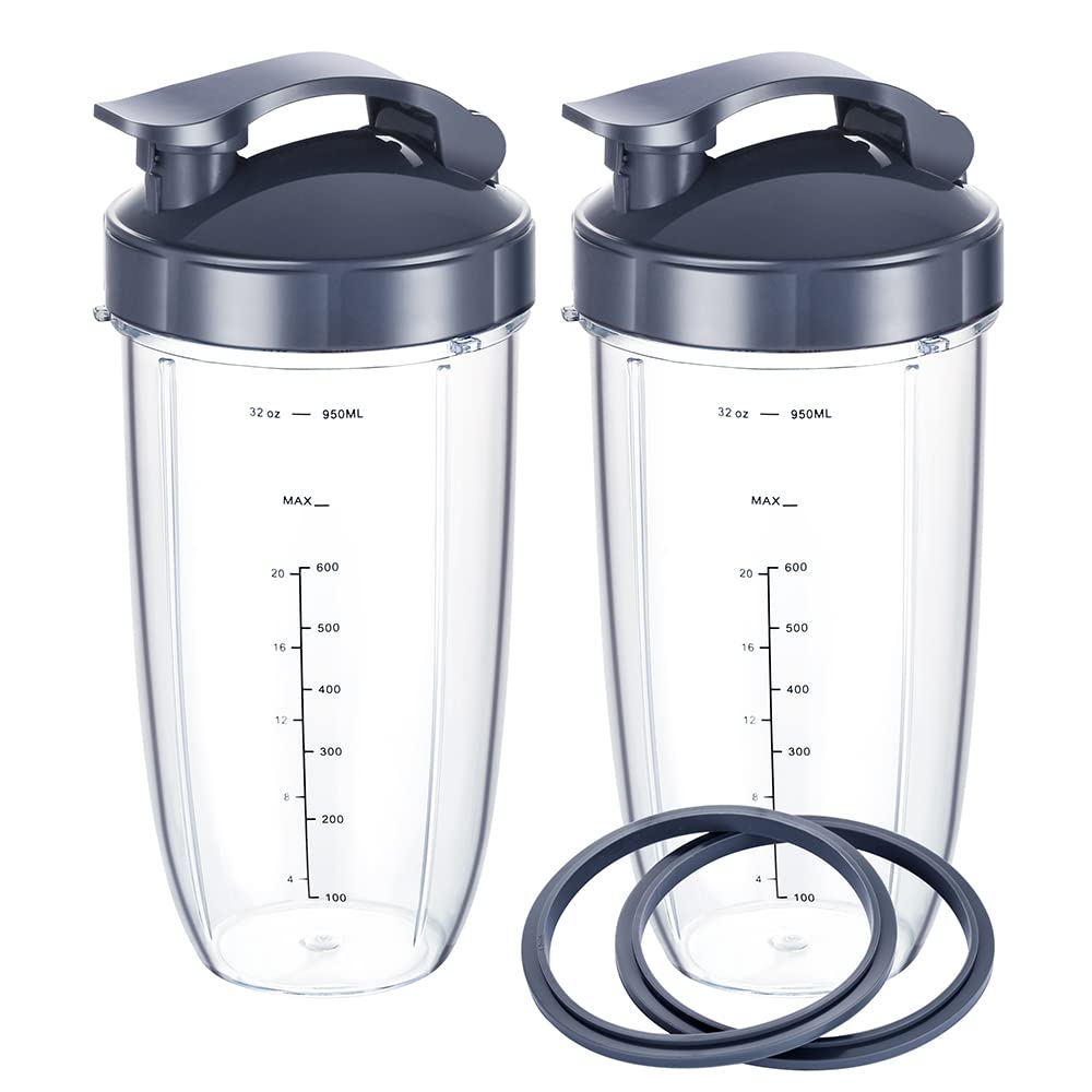 Nutribullet Blender Replacement Cups - 32OZ Measuring Scale Cups with 2 Flip Top Lids & 2 Rubber Gaskets - Compatible with Nutri Bullet 600W/900W Blenders (6 Pack) - Perfect for Smoothies, Protein Shakes & Meal Prep On The Go
