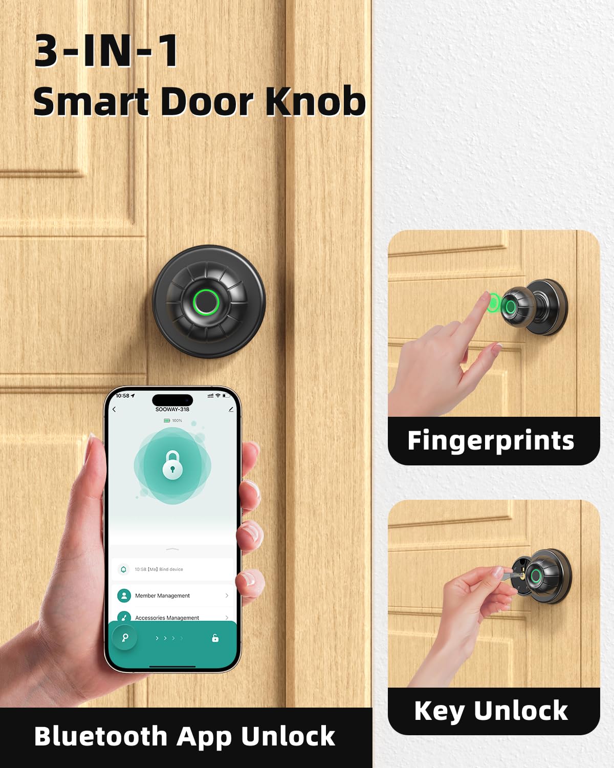 Smart Fingerprint Door Lock with App Control & Key - Keyless Entry Door Knob for Home, Office, Garage, Bedroom - Secure Touchless Access for Modern Living