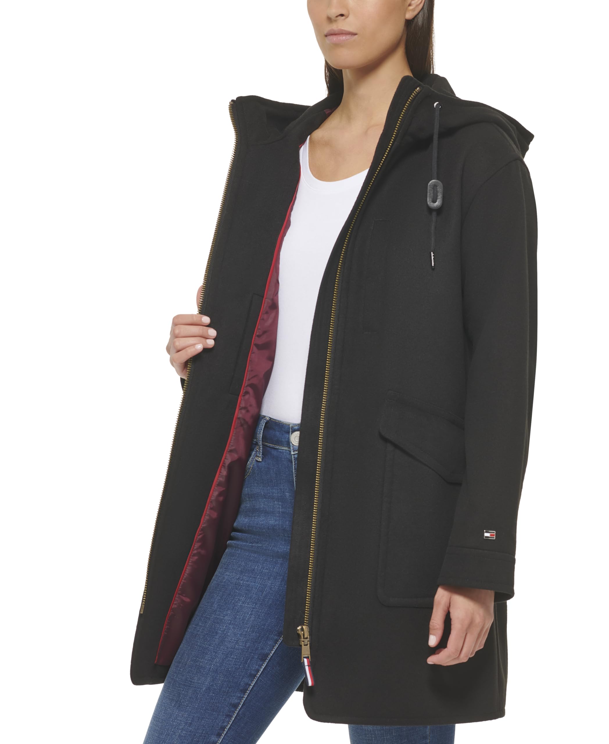 Tommy Hilfiger Women's Drop Shoulder Zip Up Wool Coat - Winter Warm Long Coat for Women, Fashionable Outerwear for Cold Weather, Perfect for Office, Travel & Daily Wear