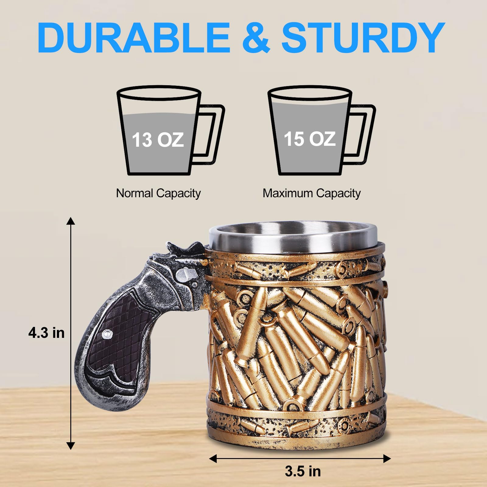 Gun Handle Coffee Mug - 15oz Stainless Steel Bullet Design Beer Cup | Unique Father's Day & Birthday Gift for Men | Perfect for Coffee, Beer & Outdoor Camping