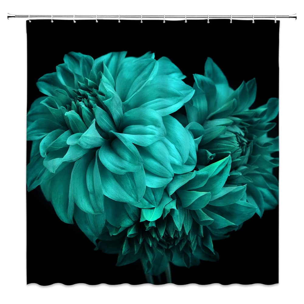 Black Flower Shower Curtain - Modern Dahlia Design in Teal & Turquoise | Waterproof Polyester Bathroom Decor with Hooks | Perfect for Spring Refresh, Boho Chic & Romantic Bathroom Makeover