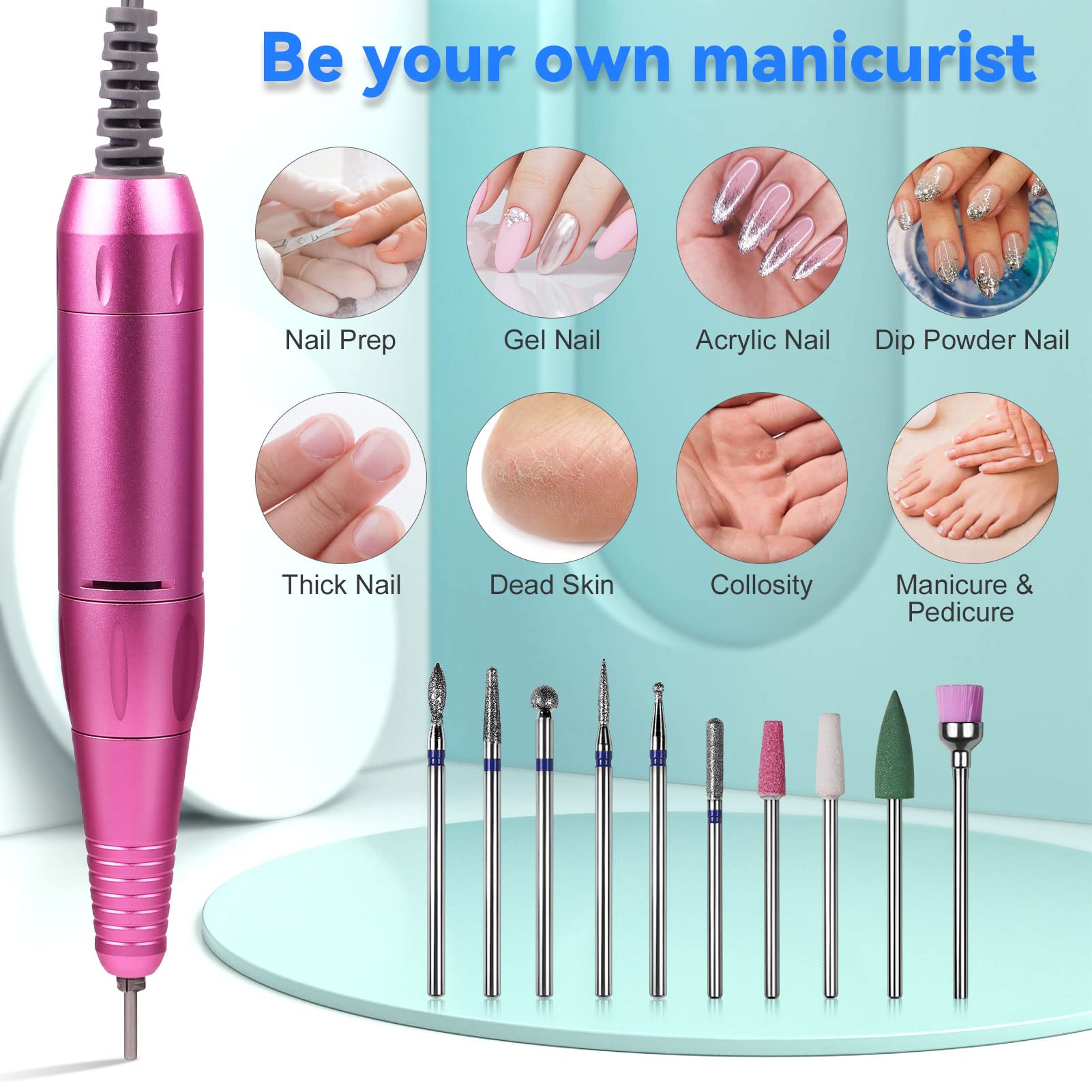 Professional Electric Nail Drill Kit for Manicure & Pedicure - Cordless Nail File with 6 Bits & LED Light - Perfect for Home Salon, Nail Art, Acrylic & Gel Polish Removal (Use Cases: DIY Nail Care, Professional Salon, Gift for Nail Lovers)