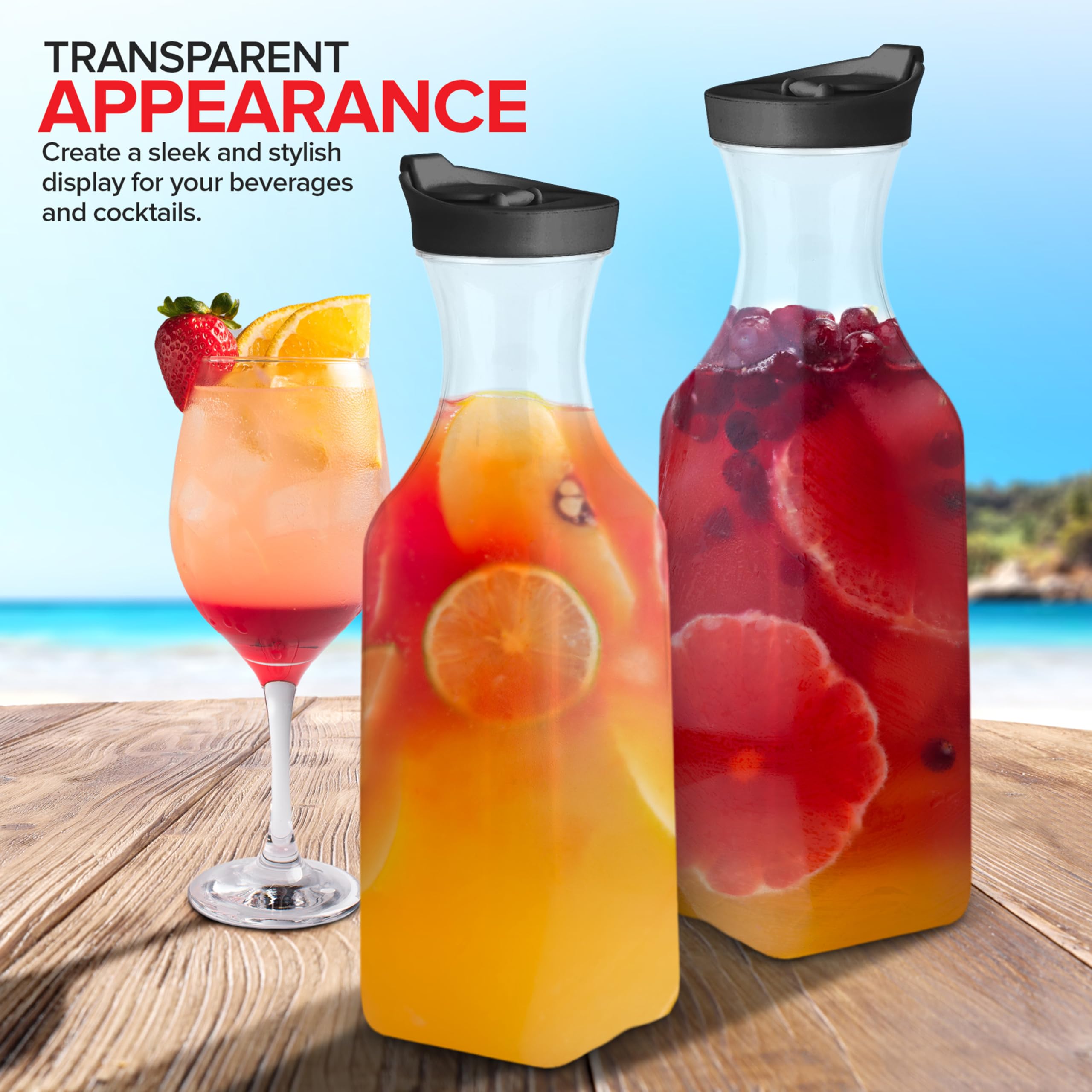 50oz Clear Plastic Juice Carafe with Black Lids (2 Pack) - BPA-Free Drink Pitcher for Mimosa Bar, Iced Tea, Lemonade & Milk Storage - Perfect for Refrigerator, Pantry & Party Serving - Square Beverage Container with Leak-Proof Lid