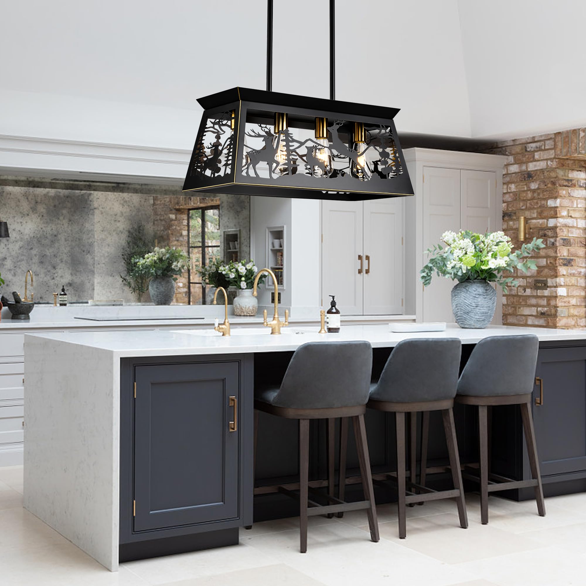 Rustic Black Rectangle Farmhouse Chandelier - 24-Inch 4-Light Deer Design Pendant Lighting for Dining Room, Kitchen Island & Table - Perfect for Country Homes, Cabin Decor & Farmhouse Style Interiors