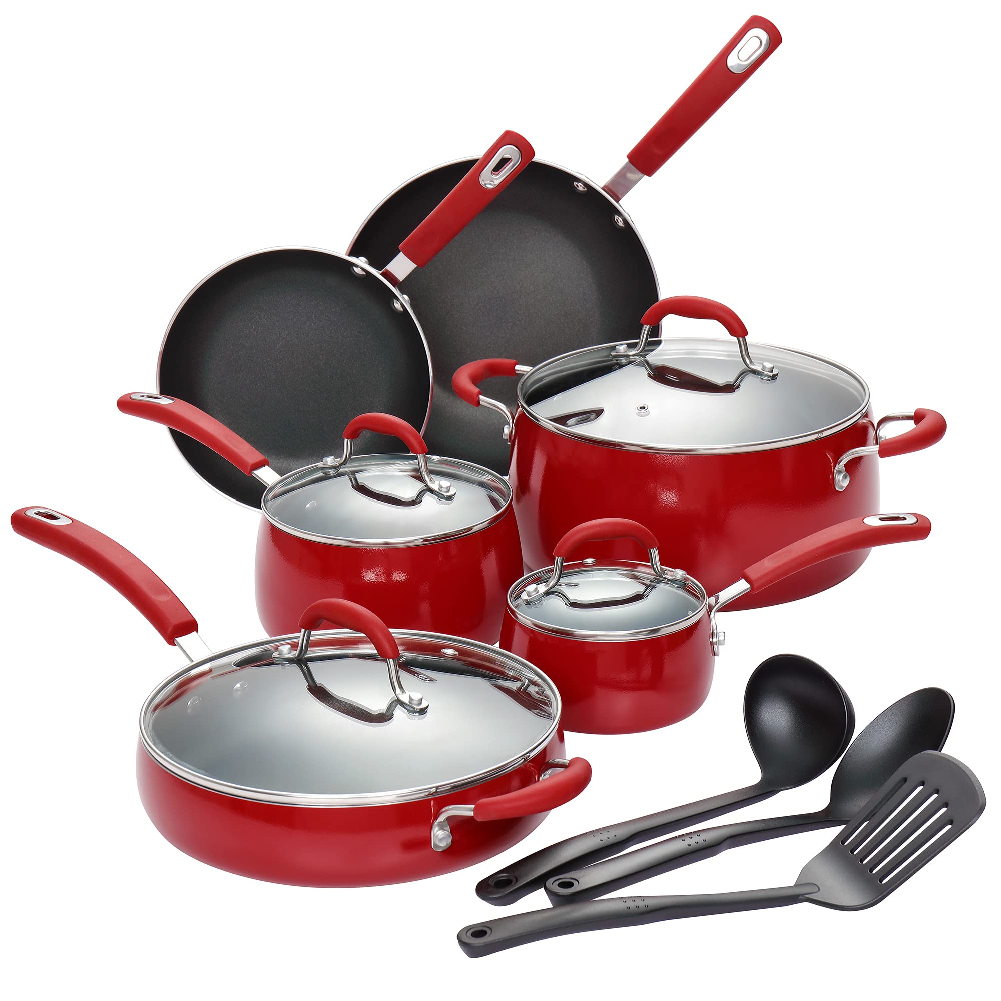 Finnhomy 14-Piece Red Hard Porcelain Enamel Aluminum Cookware Set - Ceramic Nonstick Kitchen Pots & Pans with Double Coating Technology for Sauteing, Frying & Cooking | Perfect for Gas, Electric & Induction Stovetops
