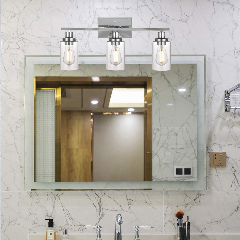 Modern Chrome Bathroom Vanity Light Fixture - 3-Light Contemporary Wall Sconce with Clear Glass Shade for Bathroom, Hallway, Kitchen & Bedroom Lighting (Patent: US D963914 S) | Perfect for Vanity Mirror Lighting, Entryway Decor & Modern Home Illumination