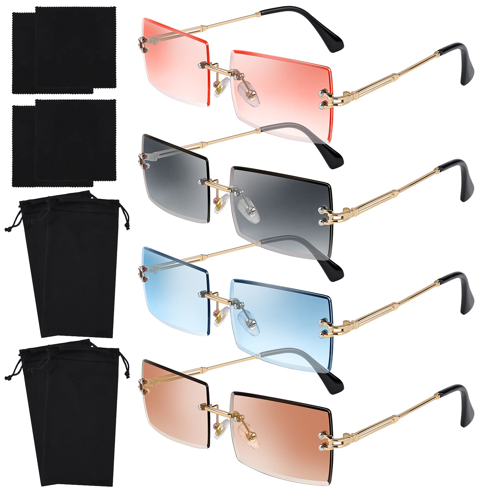 URATOT 4 Pack Vintage Rimless Rectangle Sunglasses - Retro Metal Frame Eyewear for Men & Women | Perfect for Driving, Beach, and Outdoor Activities