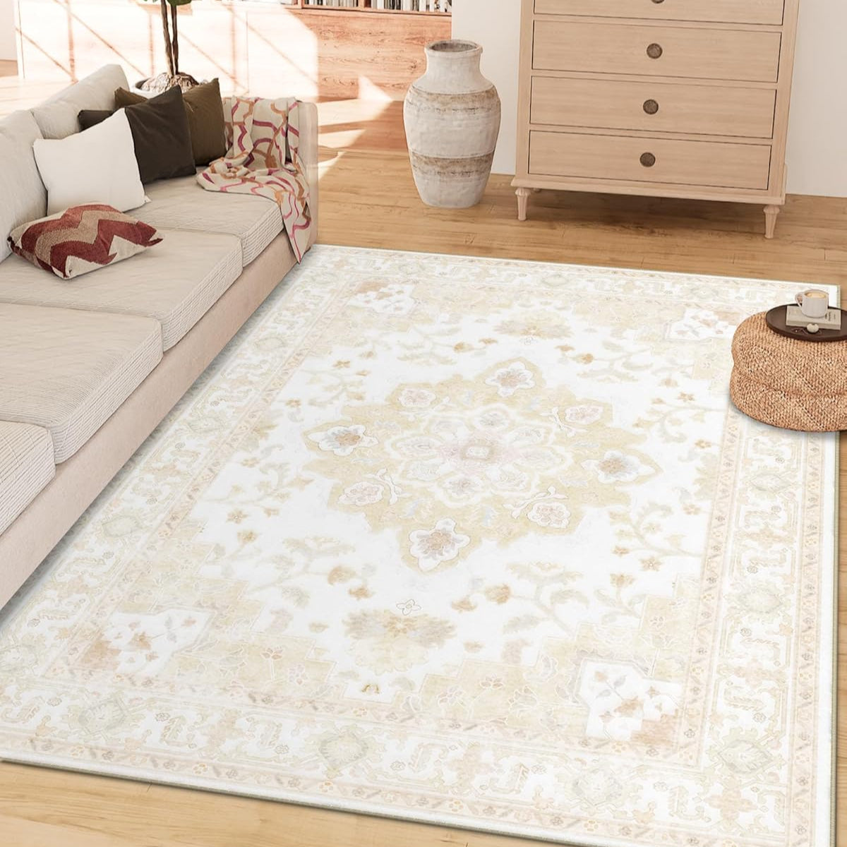 Bliss Custom Vintage Floral Washable Area Rug - Non-Slip Printed Carpet Runner in Cream & Multi-Color | Perfect for Living Room, Bedroom, Hallway & Entryway Decor