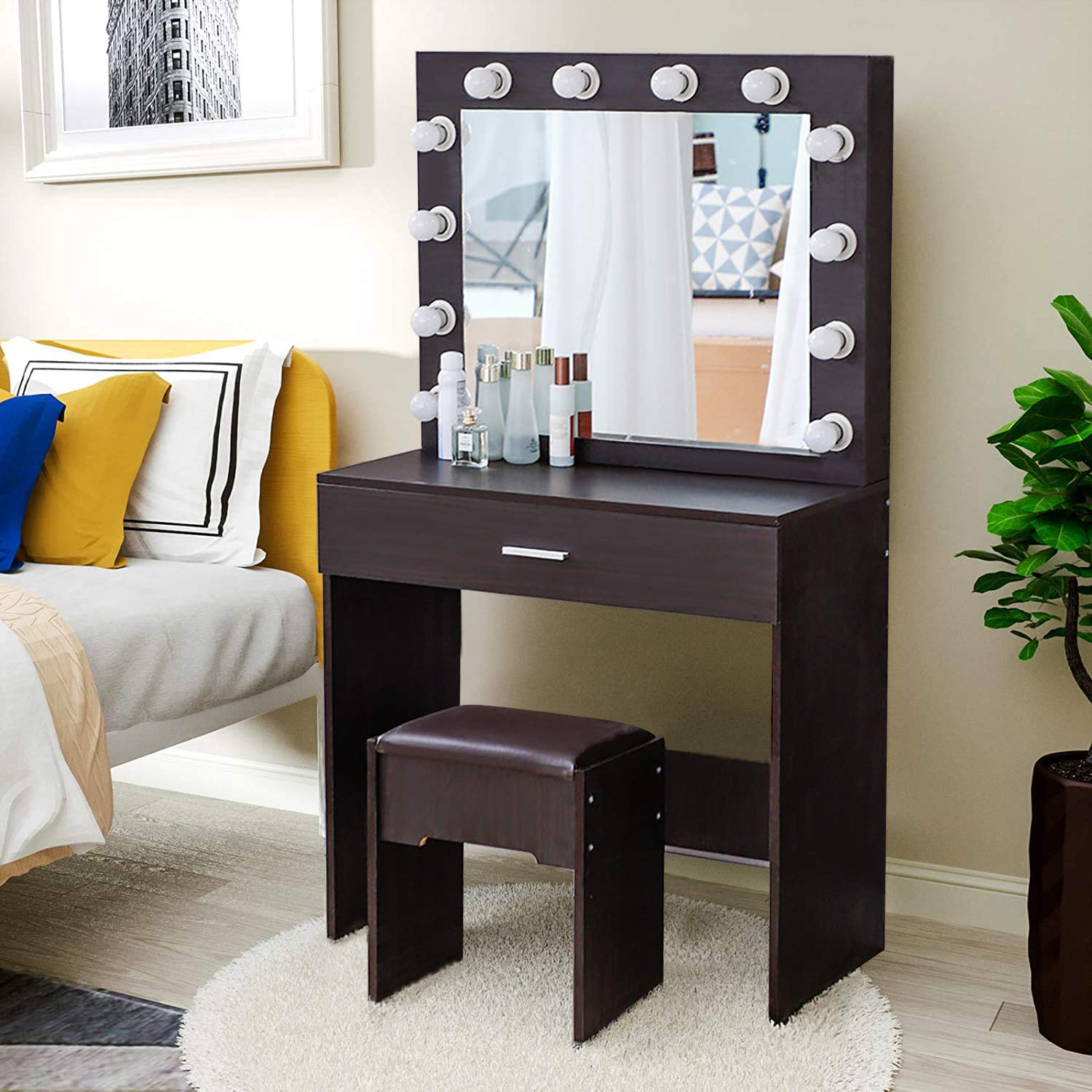 12-Light Vanity Table Set with Mirror & Stool for Women - Bedroom Makeup Desk
