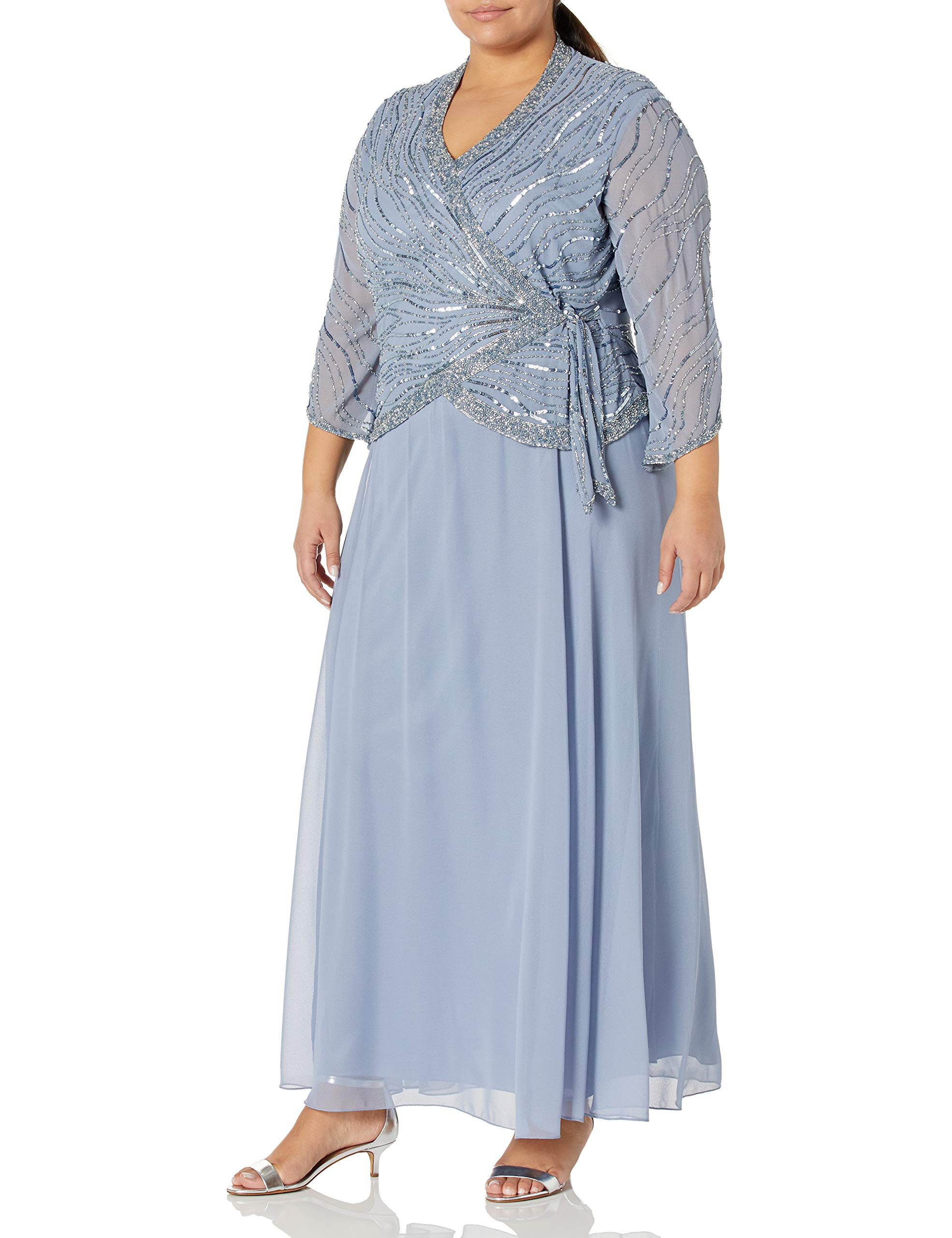 J Kara Women's Plus Size 3/4 Sleeve V-Neck Long Beaded Dress for Evening Party, Wedding Guest, Prom & Special Occasions