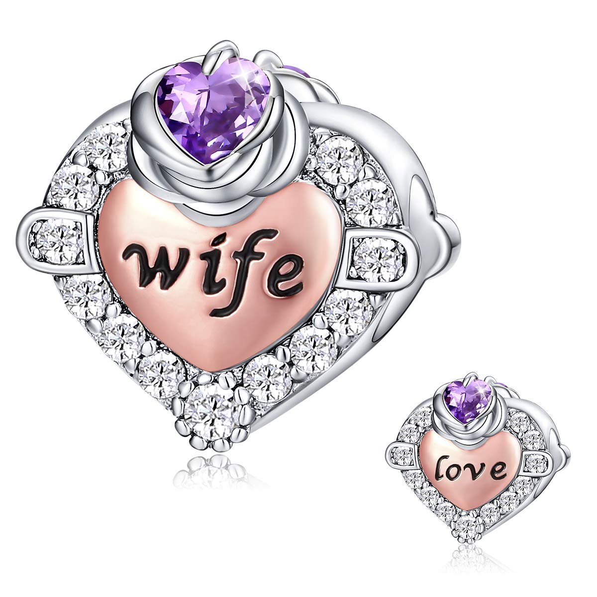 FOREVER QUEEN 925 Sterling Silver & Rose Gold Birthstone Charms - Heart Love Rose Flower Pendant for Bracelet & Necklace - Perfect Birthday Gift for Wife, Mother, Girlfriend - Jewelry for Anniversary, Valentine's Day & Special Occasions