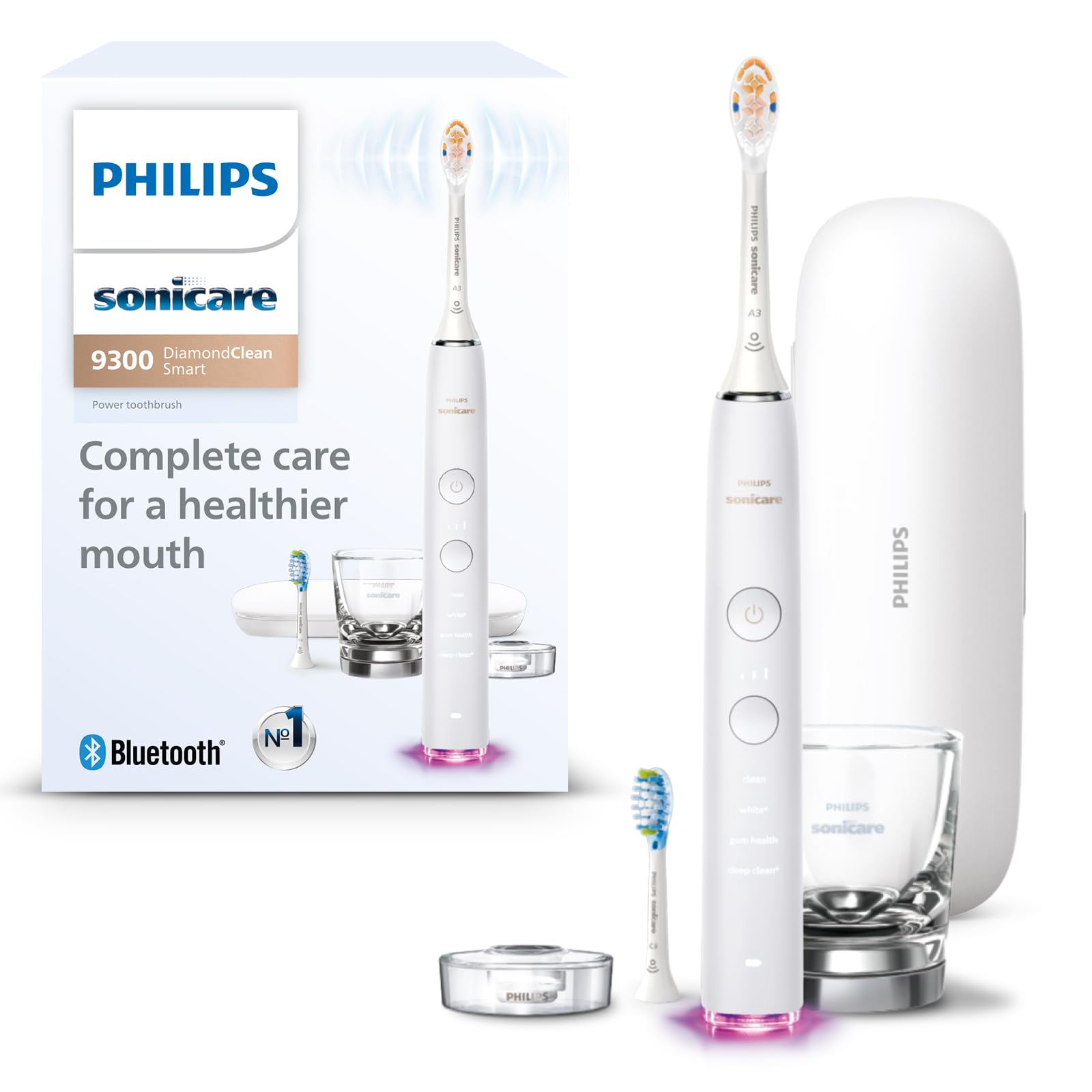 Philips Sonicare DiamondClean Smart 9300 Electric Toothbrush - Sonic Toothbrush with Bluetooth App, Pressure Sensor & Smart Brush Head Detection, 4 Modes & 3 Intensity Levels (White, HX9903/05) for Professional Dental Care & Teeth Whitening at Home