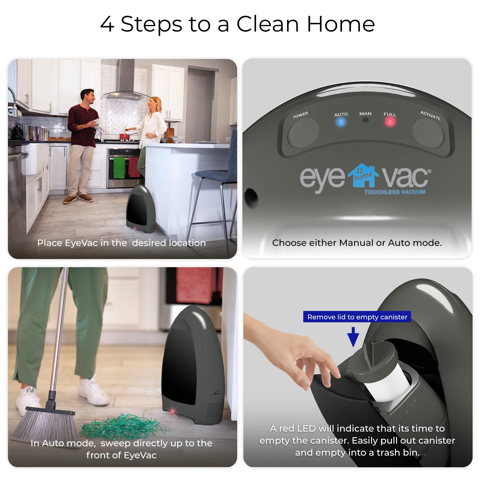 EyeVac Home Touchless Vacuum Cleaner - Dual High-Efficiency Filtration, 1000W Powerful Suction, Corded & Bagless Design with Automatic Sensors (Stone/Black Canister) - Perfect for Pet Hair, Hardwood Floors & Kitchen Cleaning