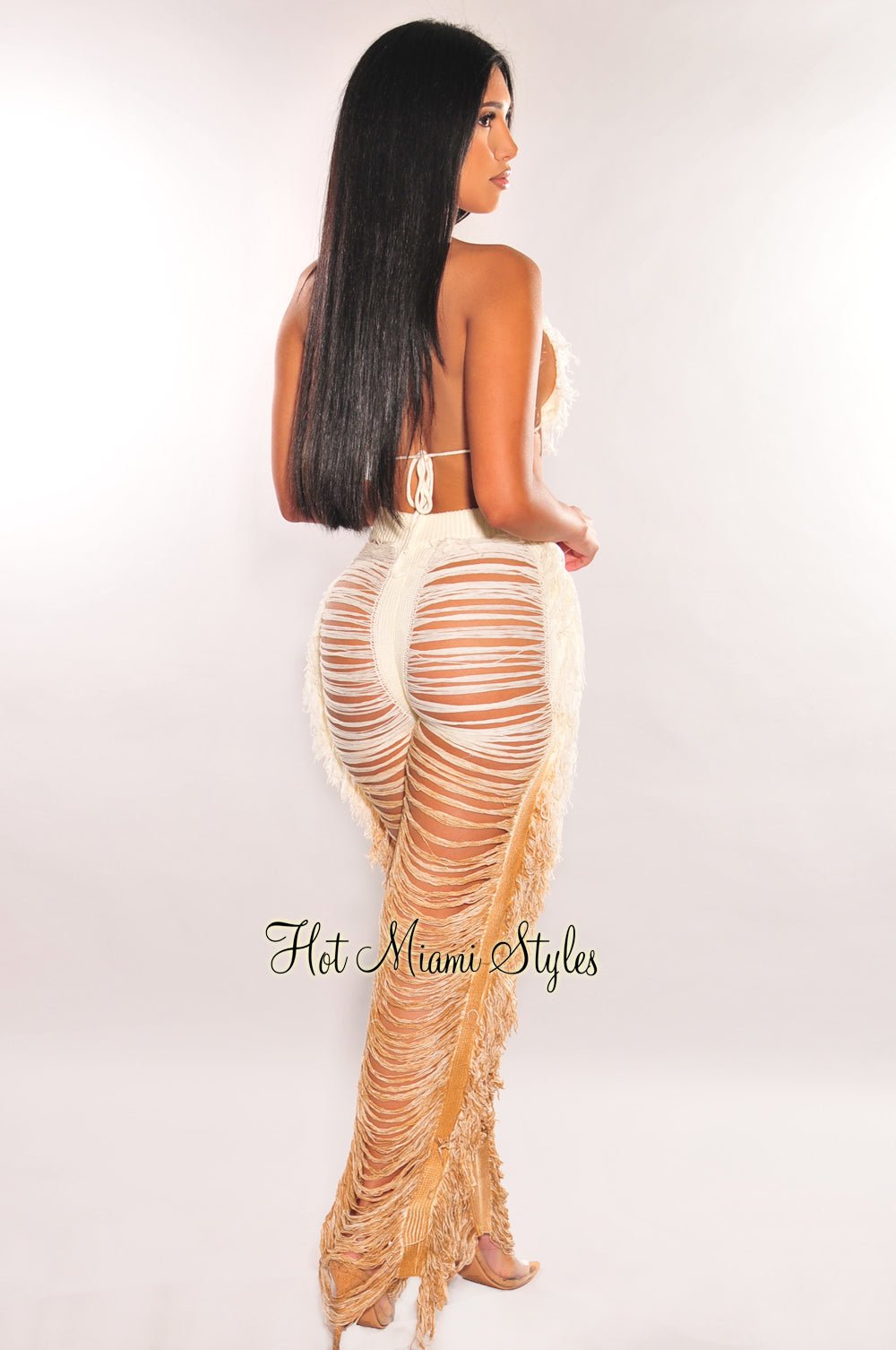 White Mocha Ombre Knit Fringe Ladder Cut Cover Up Pants - Women's Boho Chic Lounge Pants for Beach, Yoga & Casual Wear