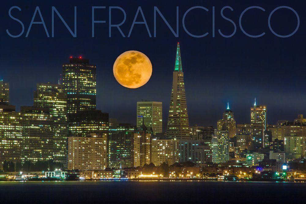 San Francisco California Skyline & Full Moon 51766 - 24x36 Signed Art Print - Premium Wall Decor Poster for Living Room, Bedroom & Office
