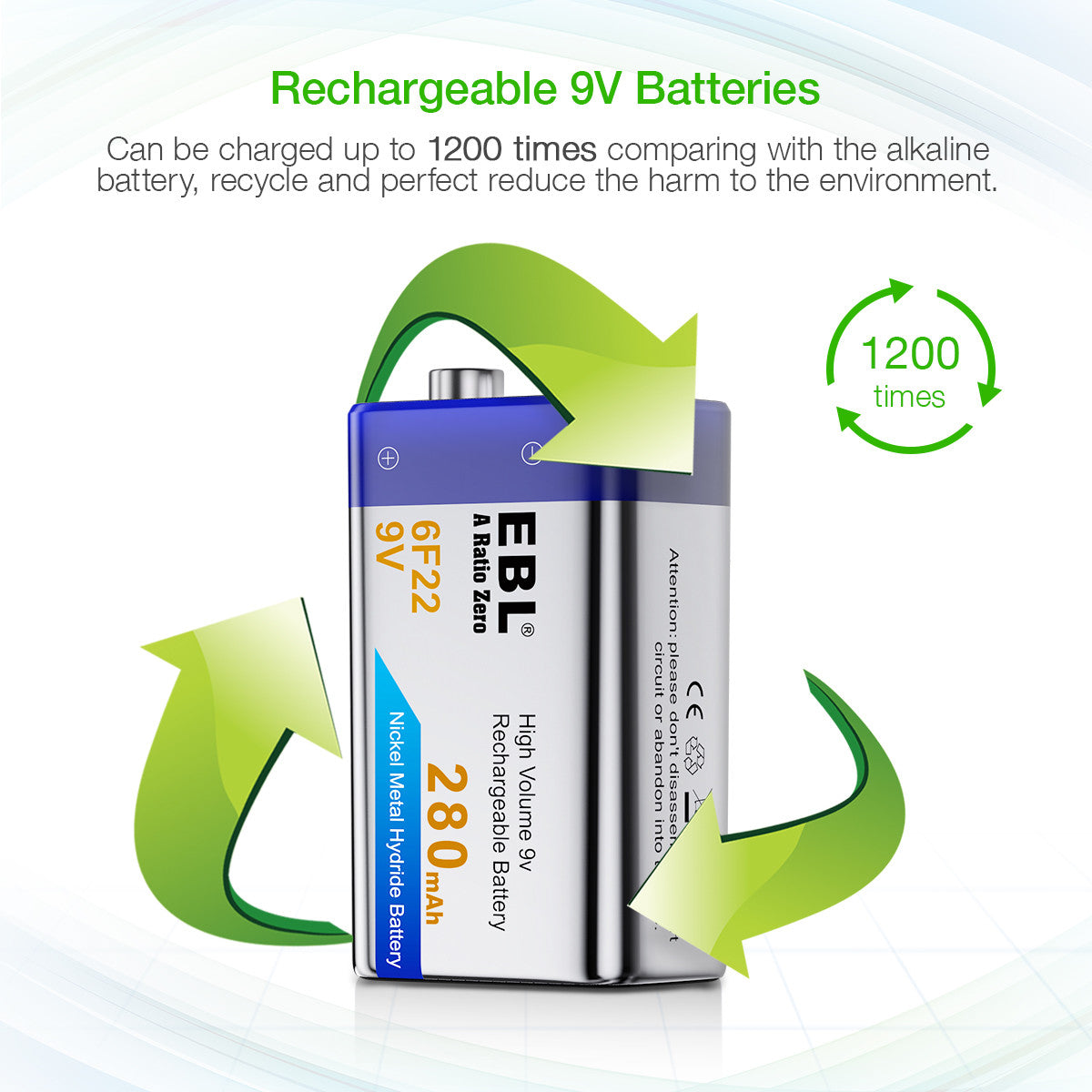 EBL 9V Rechargeable NiMH Battery 280mAh - Long Lasting Power for Smoke Detectors, Guitar Pedals & Wireless Microphones