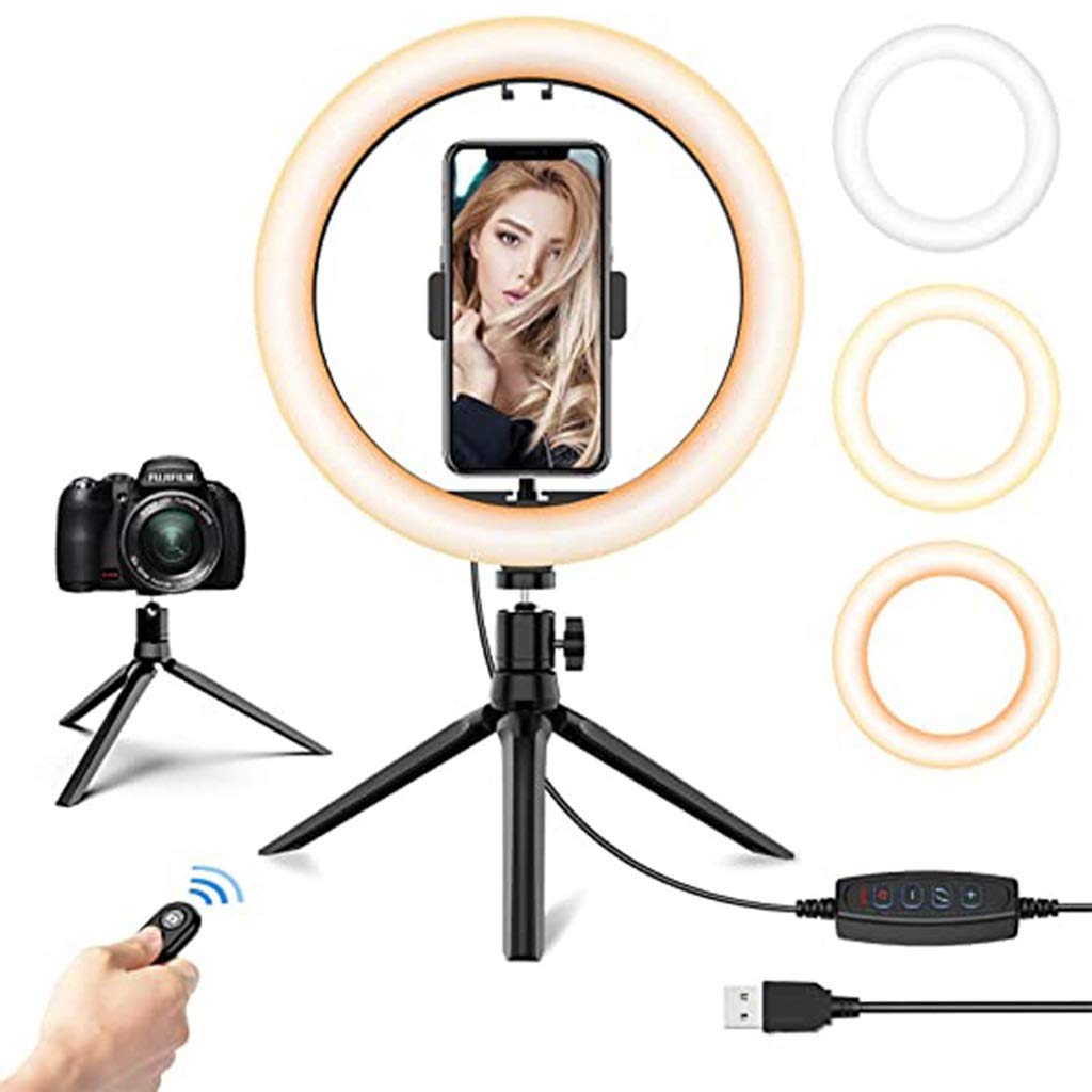 Dimmable LED Ring Light with Tripod Stand & Phone Holder - 3 Colors, 10 Brightness Levels, USB Powered for Video, Makeup, Live Streaming - Perfect for YouTube, TikTok, Zoom Calls & Home Studio Lighting