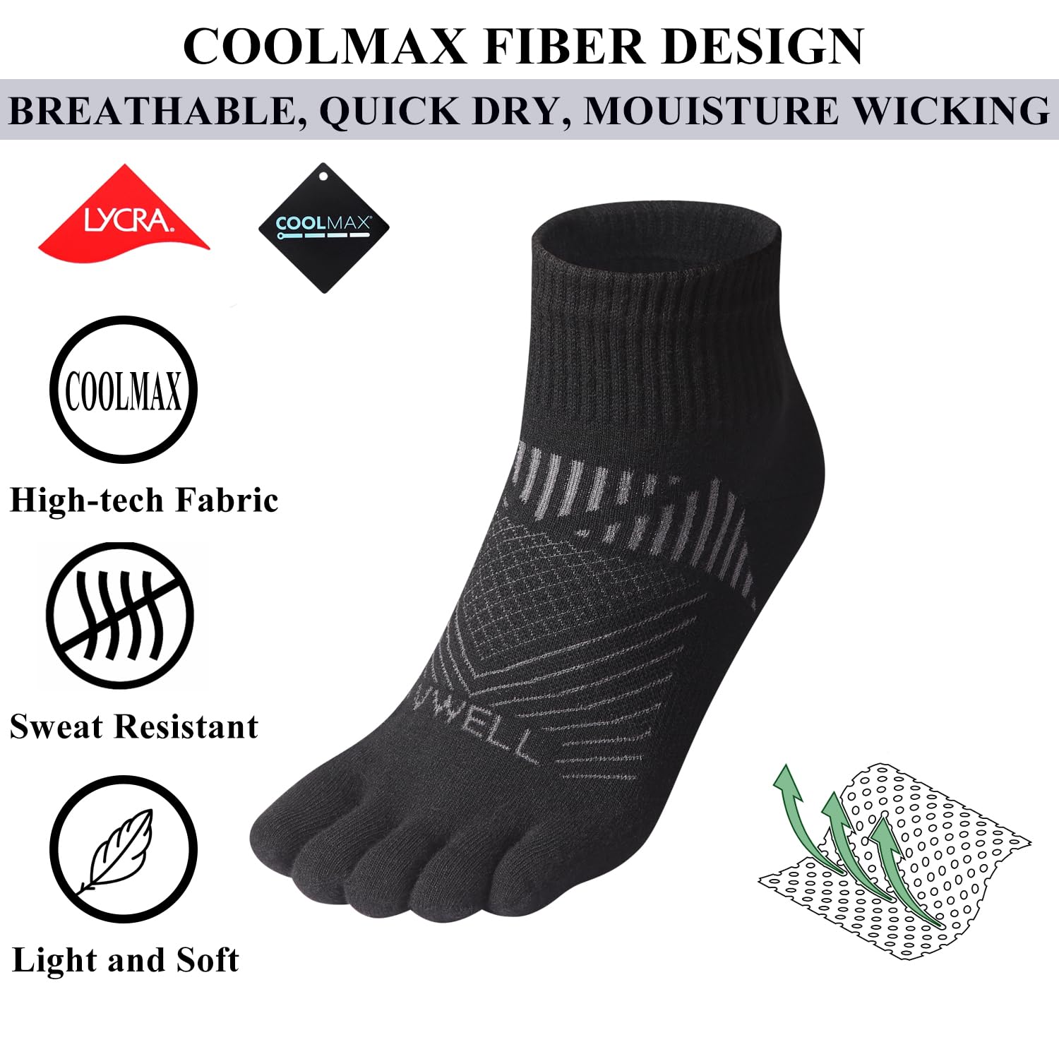 **VWELL COOLMAX Five Finger Toe Socks for Men & Women – Breathable Athletic Running Socks, Quarter Ankle Socks (3 Pairs) – Perfect for Running, Yoga & Outdoor Sports**
