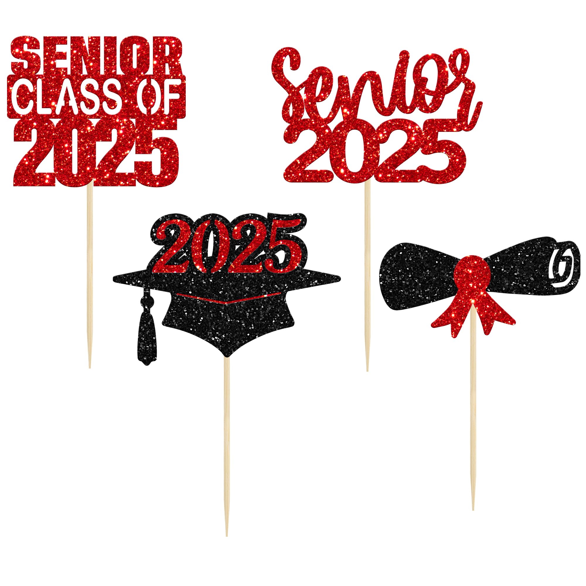 24 Pack 2025 Graduation Cupcake Toppers - Red Glitter Class of 2025 Senior Graduation Cap & Diploma Cake Decorations for Graduation Party, Birthday, School Celebration (24 Count)
