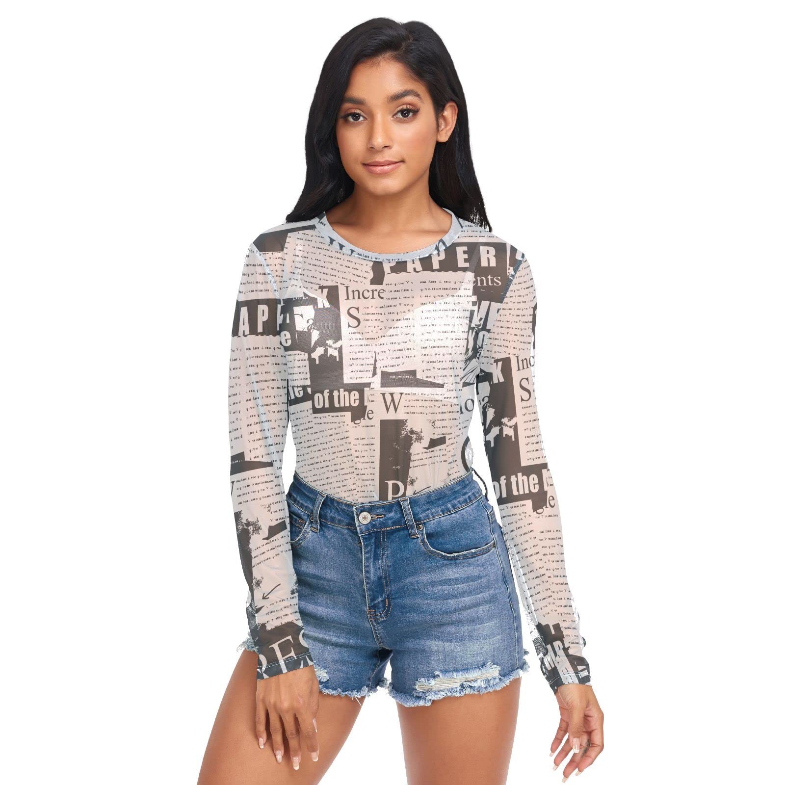 Women's Long Sleeve Sheer Mesh Top - Sexy See-Through Blouse in Black & White Newspaper Print | Perfect for Night Out, Date Night & Party Wear