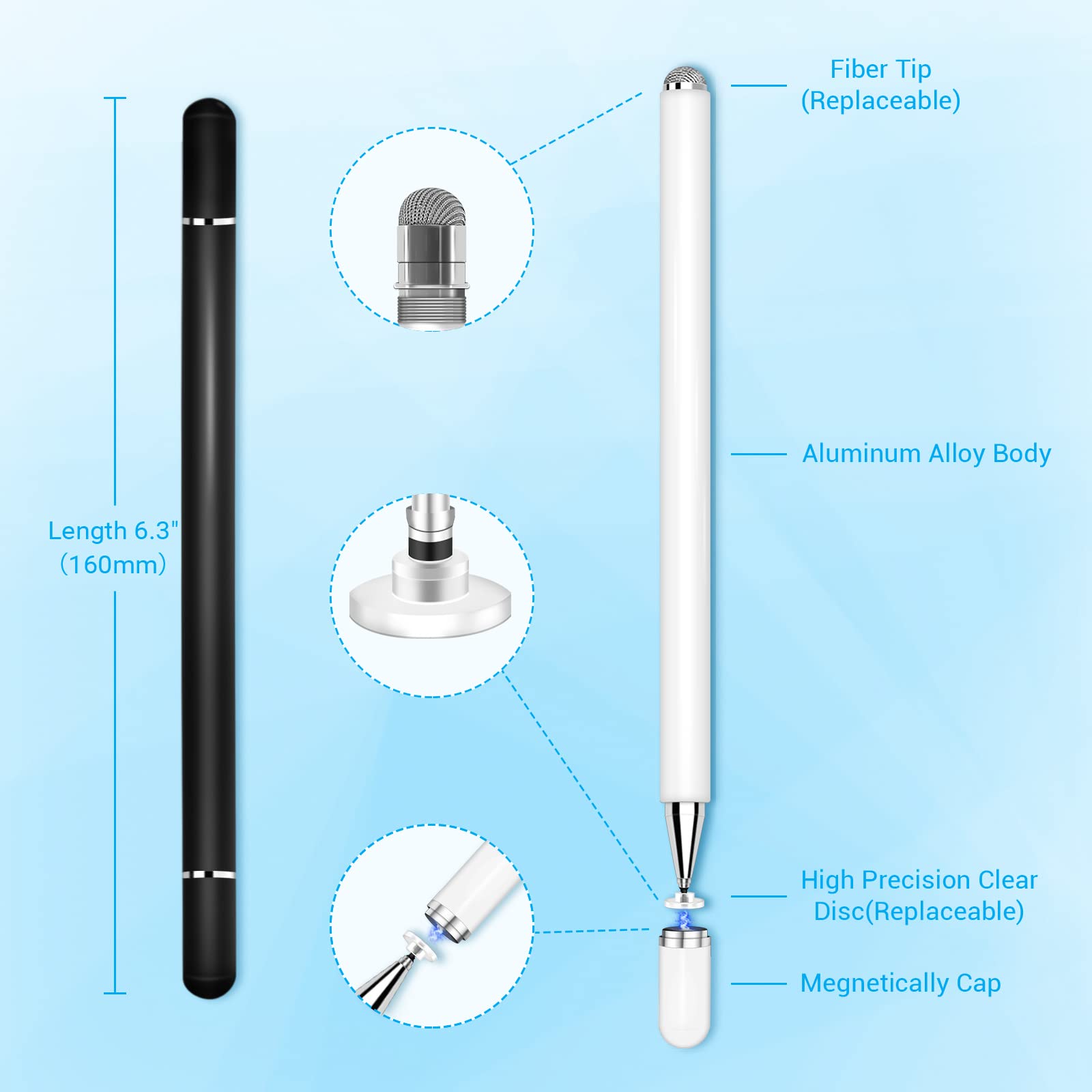Premium Stylus Pen for iPad & Touch Screens - 2-in-1 Disc/Fiber Tip Stylus Pencil with Magnetic Cap | Compatible with Apple iPad Pro/Mini/Air, iPhone, Android & Microsoft Surface | 2-Pack (White & Black) | Perfect for Drawing, Note-Taking & Digital Signatures