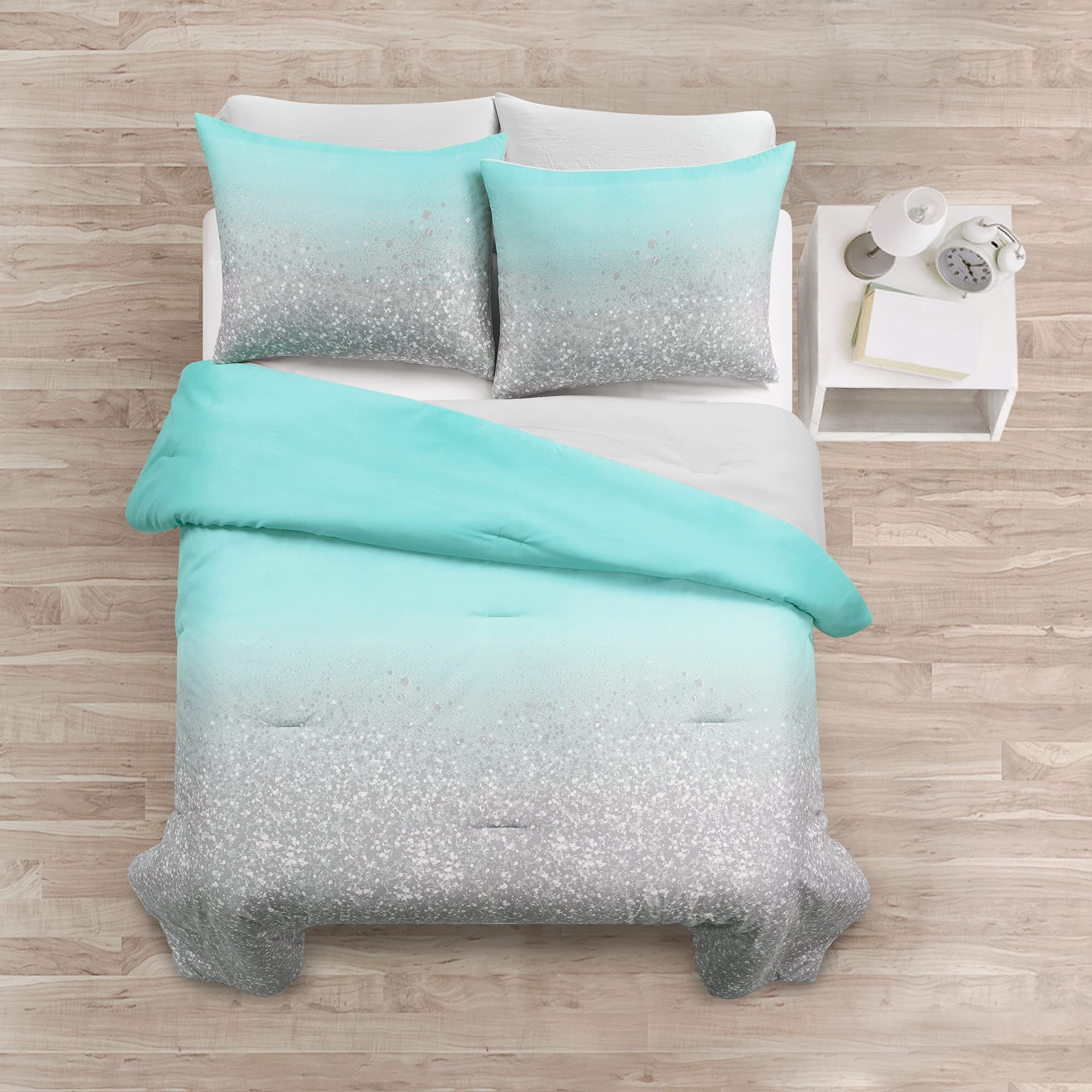 Lush Decor Glitter Ombre Comforter Set - Twin, Aqua Gray for Bedroom Decor