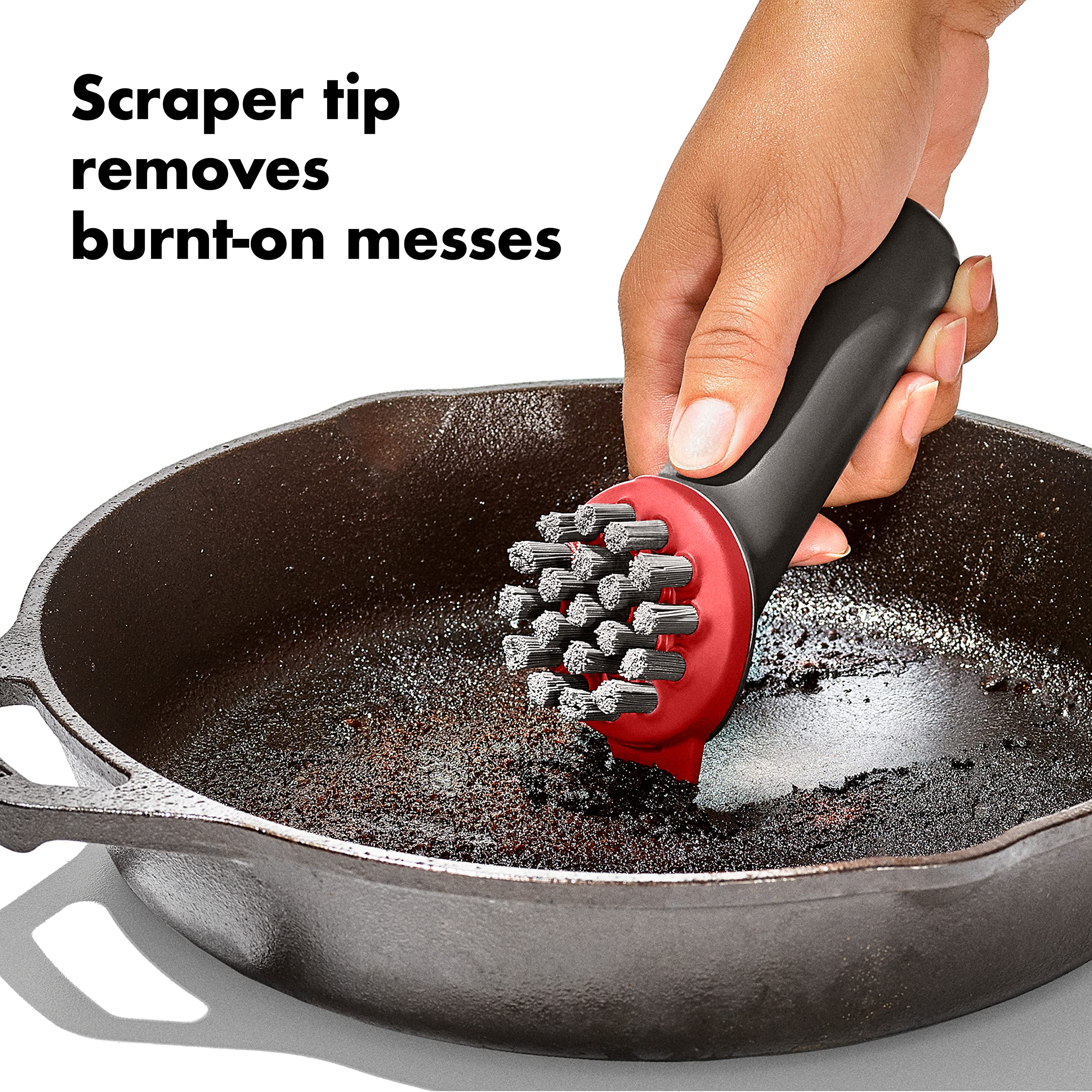 OXO Outdoor Heavy Duty Cast Iron Brush with Cover - Red/Grey - Perfect for Grill Cleaning, Camping Cookware & Outdoor Cooking Accessories
