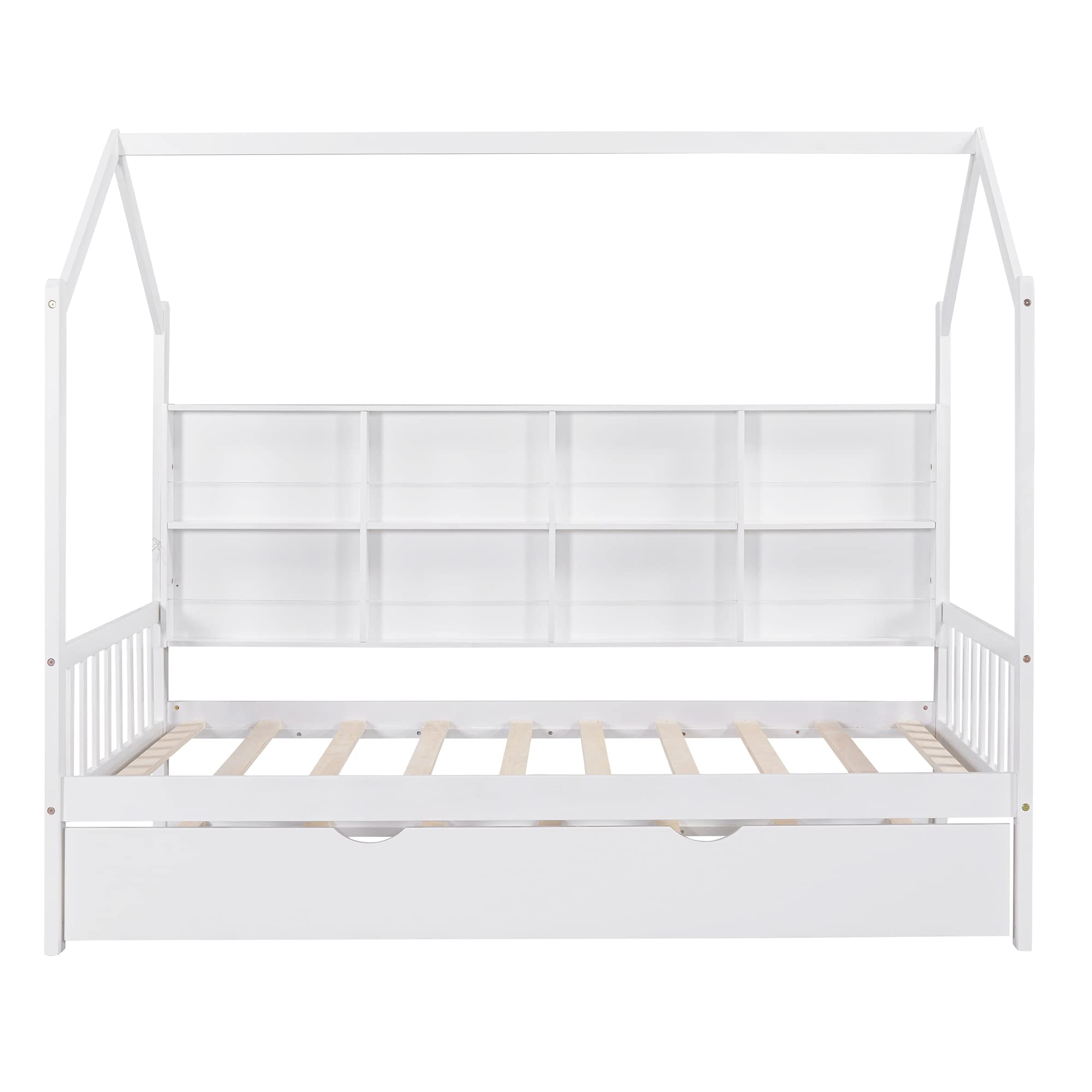 Montessori Twin House Bed with Trundle & Storage - Solid Wood Playhouse Bed Frame with Roof & Tent for Kids, Teens, Boys & Girls - Perfect for Bedrooms, Playrooms & Montessori Learning Spaces (White, Twin Size)