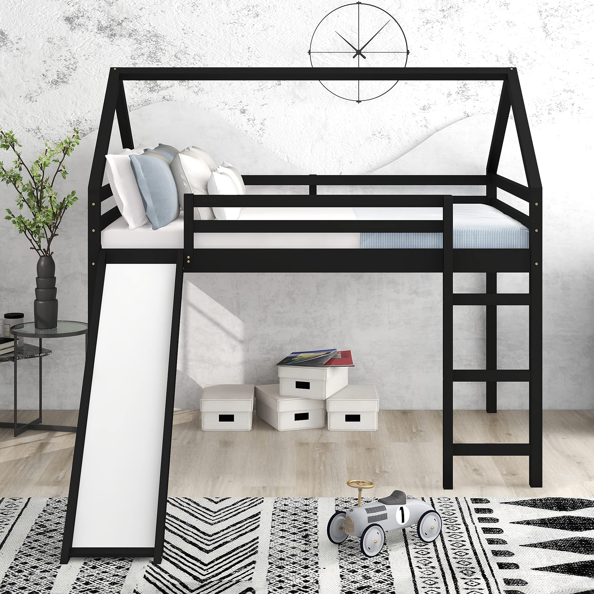 Full Size Wooden Loft Bed with Slide & Playhouse Design - Sturdy Kids Bunk Bed Frame for Boys & Girls (Espresso Finish) - Perfect for Small Bedrooms, Playrooms & Dorm Spaces