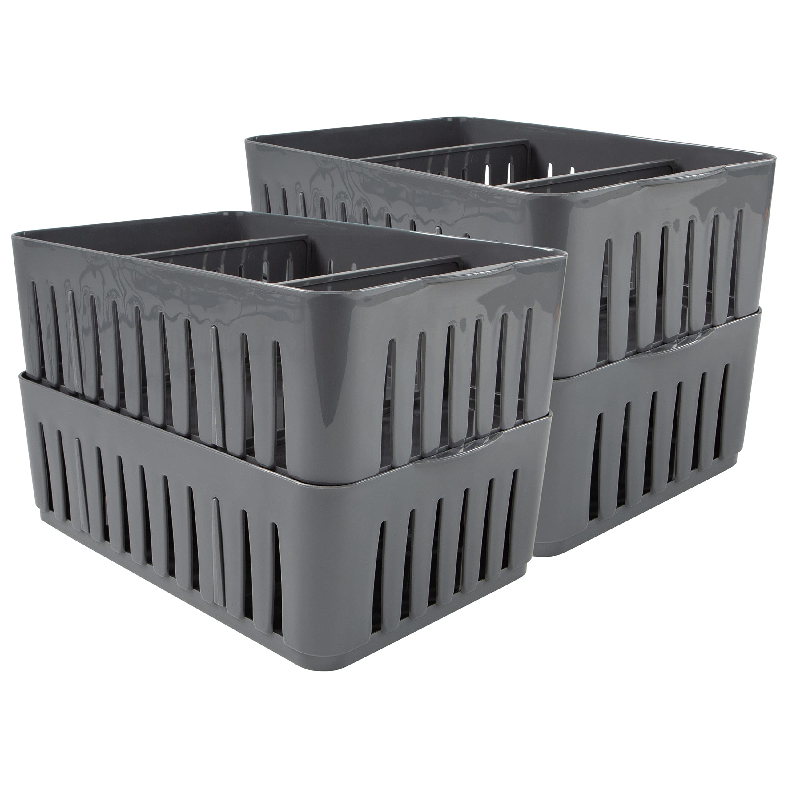 4 Pack Stackable Storage Bins with Adjustable Dividers - 3 Compartment Drawer Organizer for Office, Desk, Dorm & Bathroom | Perfect for Makeup, Accessories & Supplies | Space-Saving Grey Storage Baskets for Home Organization
