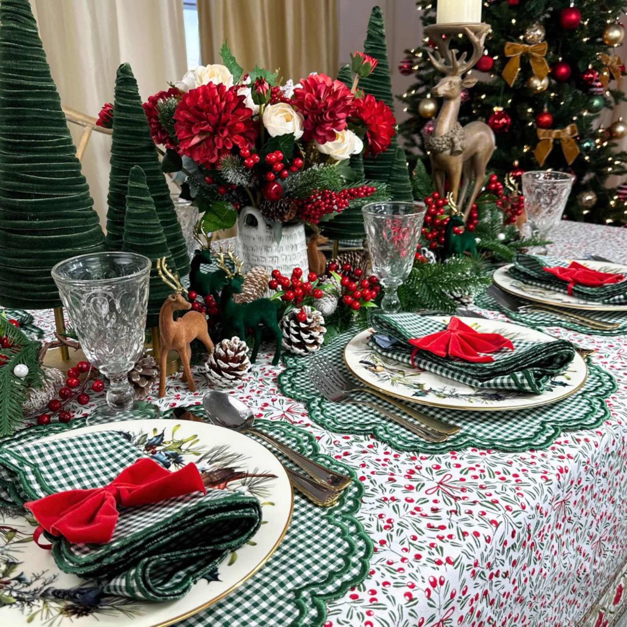 Bettina Dark Green Gingham Napkins - Set of 4 Premium Cotton Kitchen & Dining Linens for Everyday Use, Parties, and Special Occasions