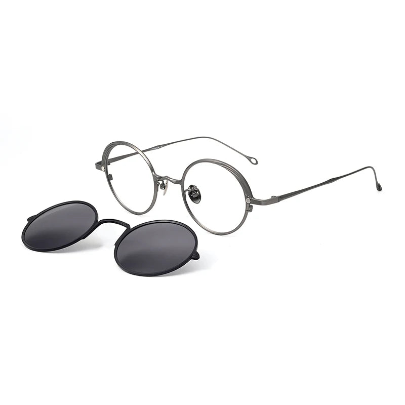Aror Unisex Full Rim Round Titanium Eyeglasses with Clip-On Sunglasses - Stylish & Durable Frame for Men & Women - Perfect for Outdoor Activities, Driving, and Everyday Wear (Model 10084)