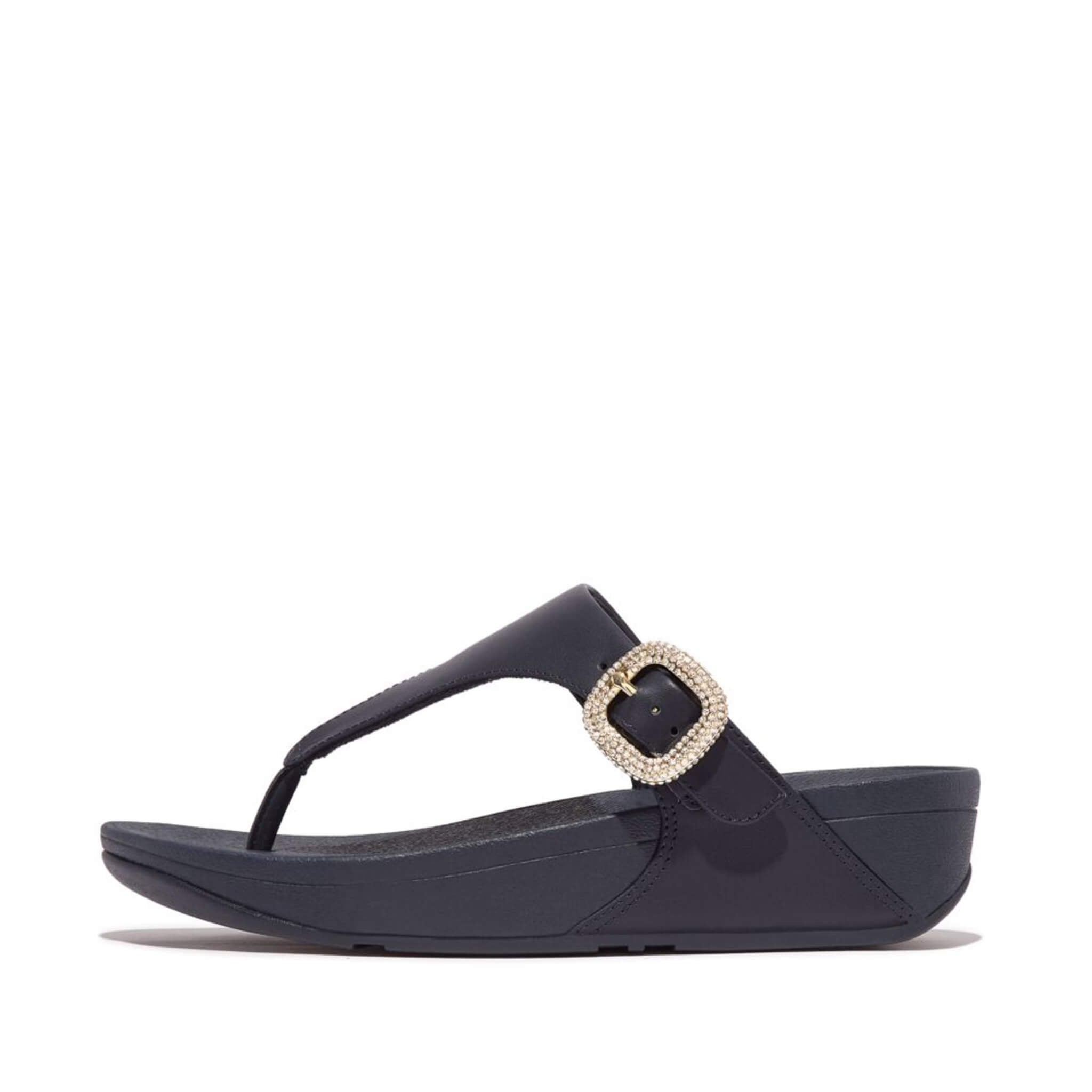 FitFlop Lulu Crystal Buckle Leather Toe Post Sandals for Women - Comfortable Orthopedic Flip Flops with Arch Support, Navy Blue | Perfect for Beach, Pool, and Summer Vacation Outfits